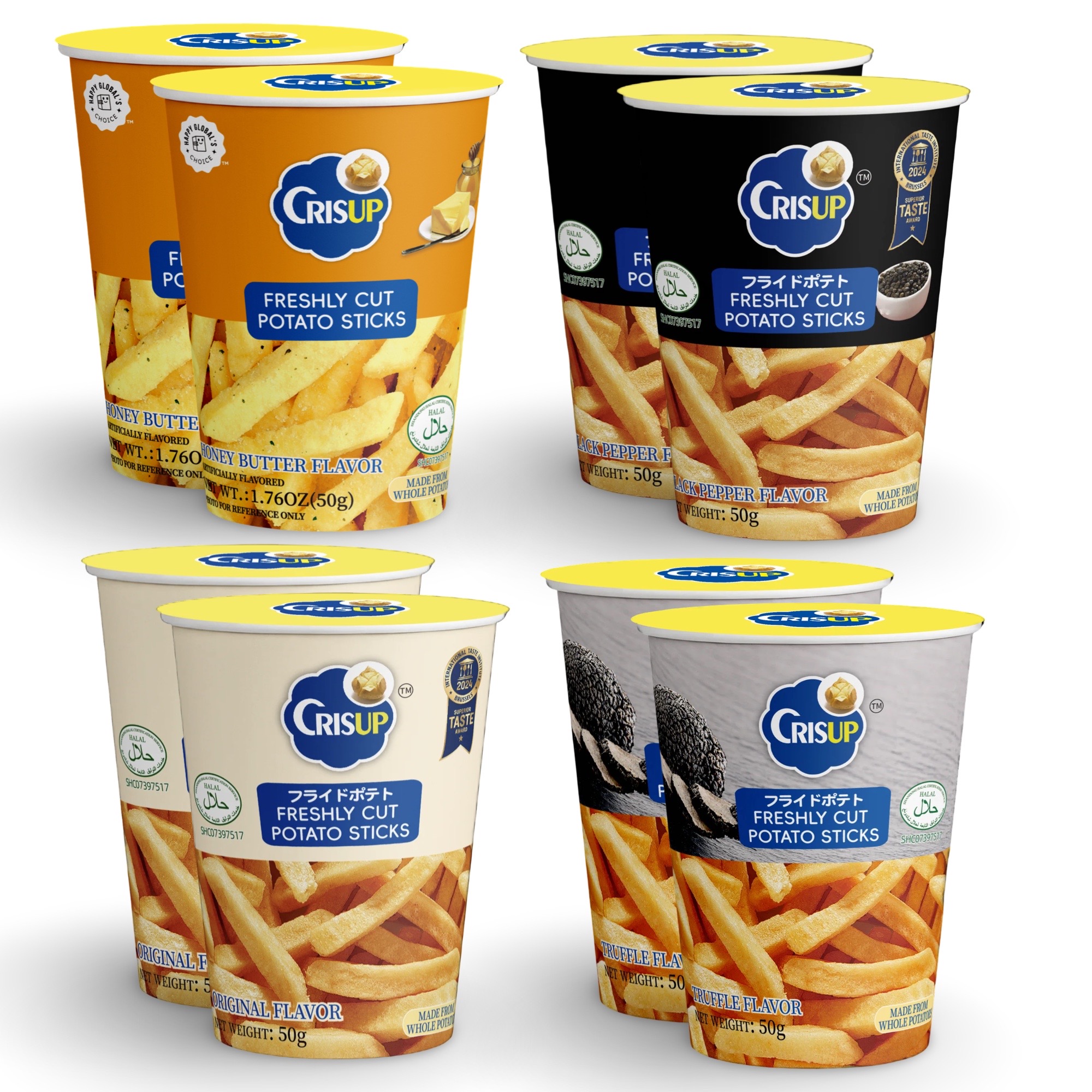 Crisup Freshly Cut Potato Sticks Variety Pack Includes Original, Honey Butter, Truffle and Black Pepper, 8 Pack