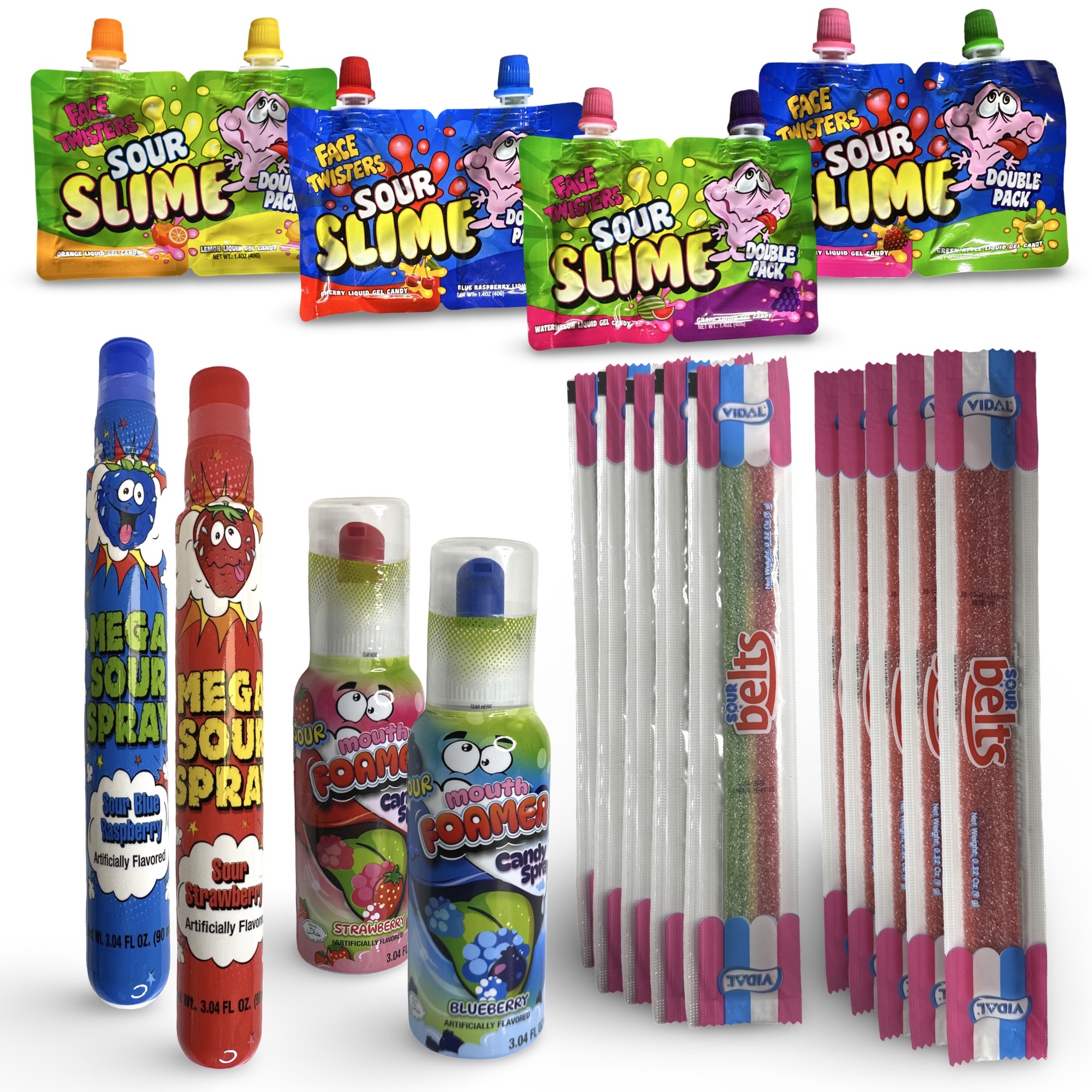Sour Candy Big Size Candies | Foamer, Spray and Slime Full Sampler With Sour Belts, 18 Pack