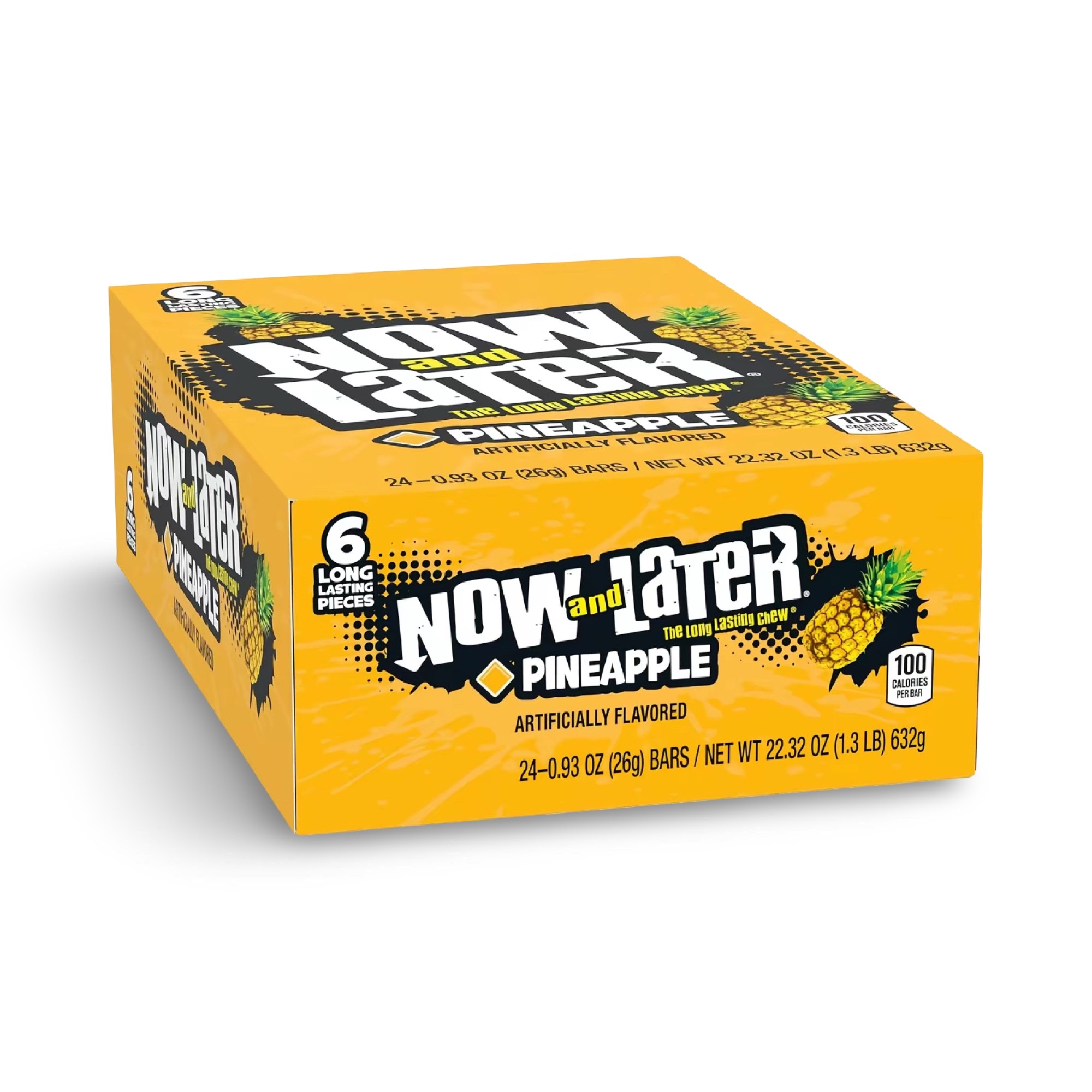 Now and Later Original Sweet Fruit Chewy Taffy, Pineapple, 24 Pack Case