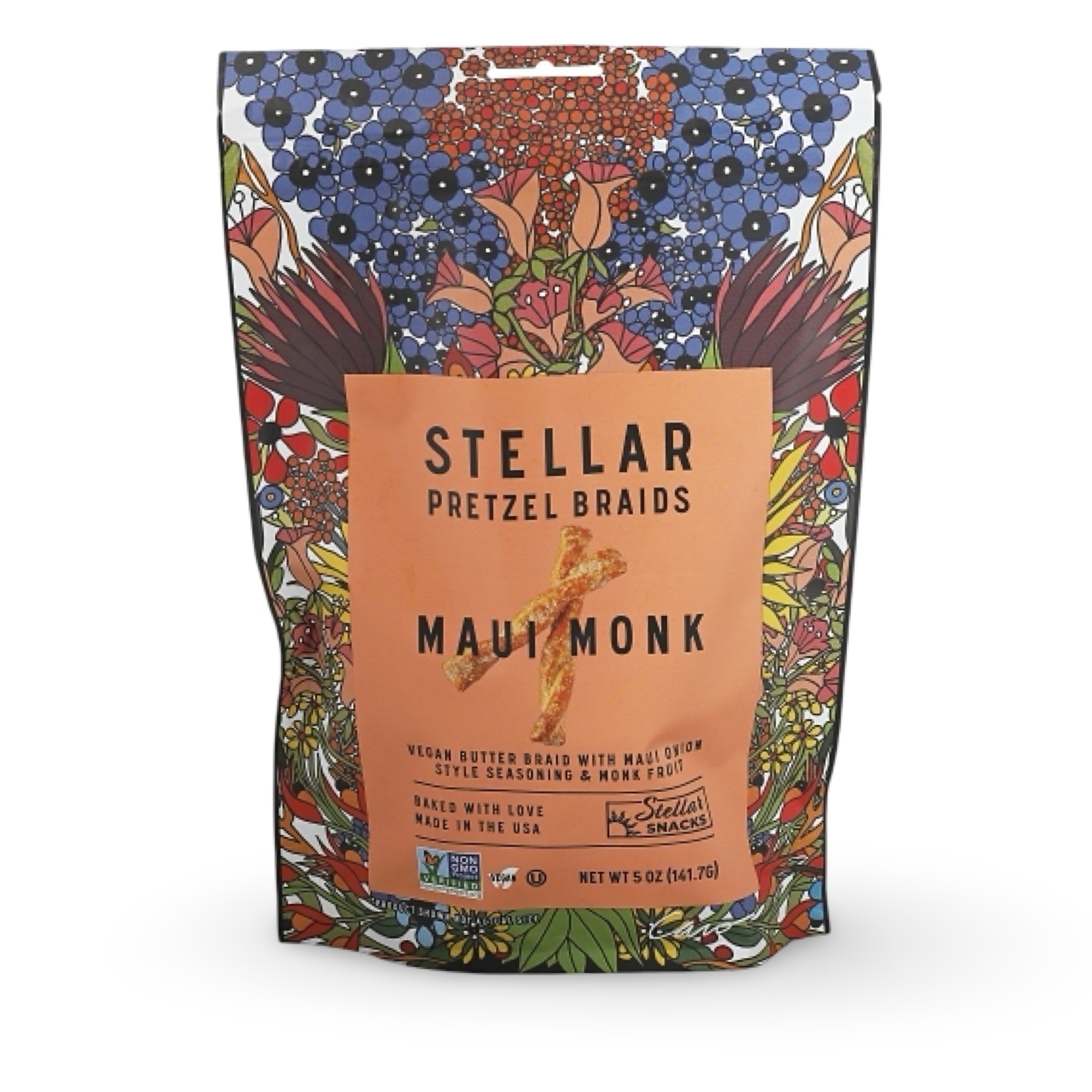 Stellar Pretzel Braids, Maui Monk Sweet Onion, 5 Oz (Pack of 6), Gourmet Pretzel Sticks, Vegan, Kosher, Non GMO, Peanut Free, Healthy Snack