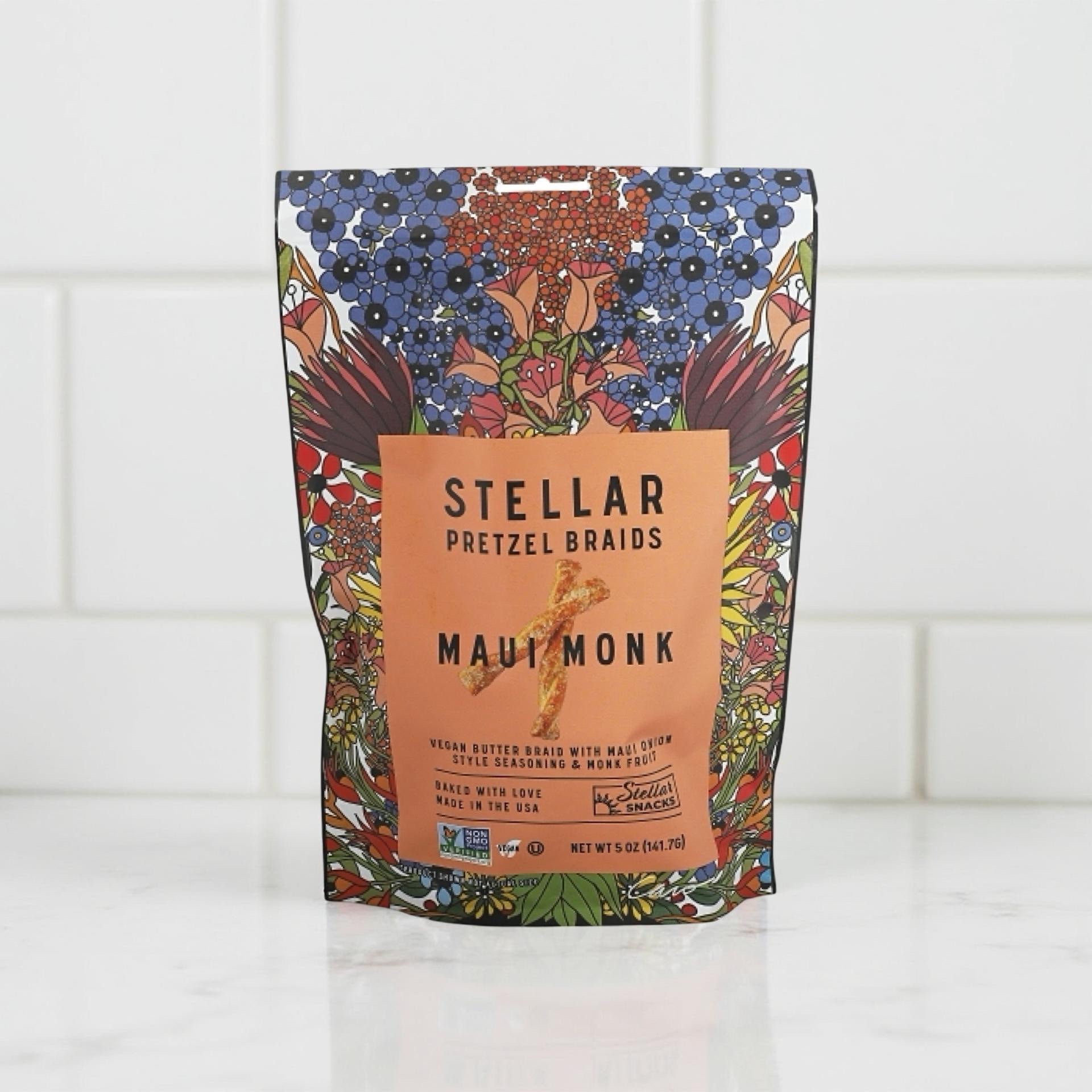 Stellar Pretzel Braids, Maui Monk Sweet Onion, 5 Oz (Pack of 6), Gourmet Pretzel Sticks, Vegan, Kosher, Non GMO, Peanut Free, Healthy Snack 6