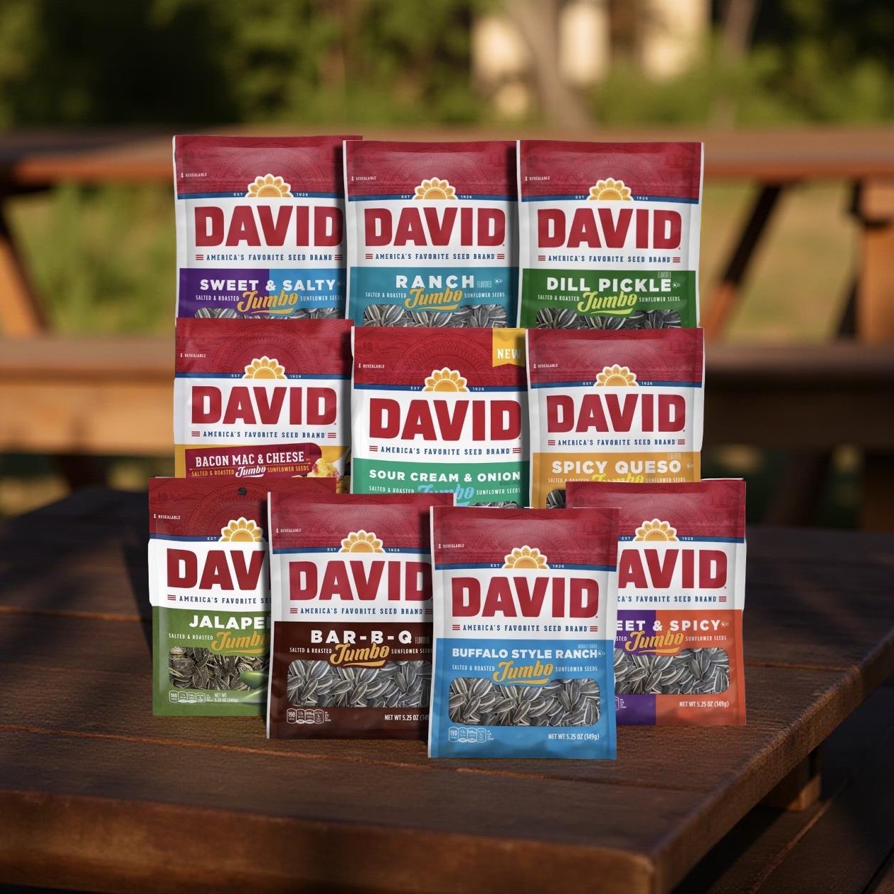 David Sunflower Seeds Variety Pack, 10 Bags May include BBQ, Dill Pickle, Ranch, Bacon Mac n Cheese, Buffalo Ranch, Sweet & Salty, Sweet & Spicy, Jalapeno, Sour Cream & Onion Or Spicy 2