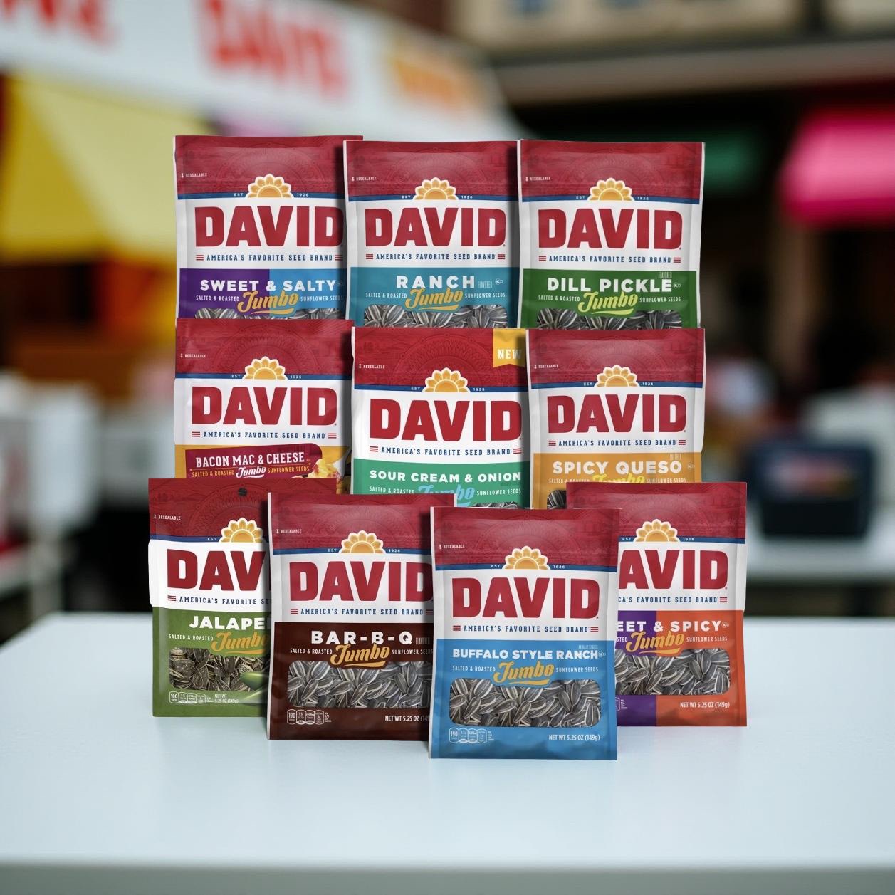 David Sunflower Seeds Variety Pack, 10 Bags May include BBQ, Dill Pickle, Ranch, Bacon Mac n Cheese, Buffalo Ranch, Sweet & Salty, Sweet & Spicy, Jalapeno, Sour Cream & Onion Or Spicy 3