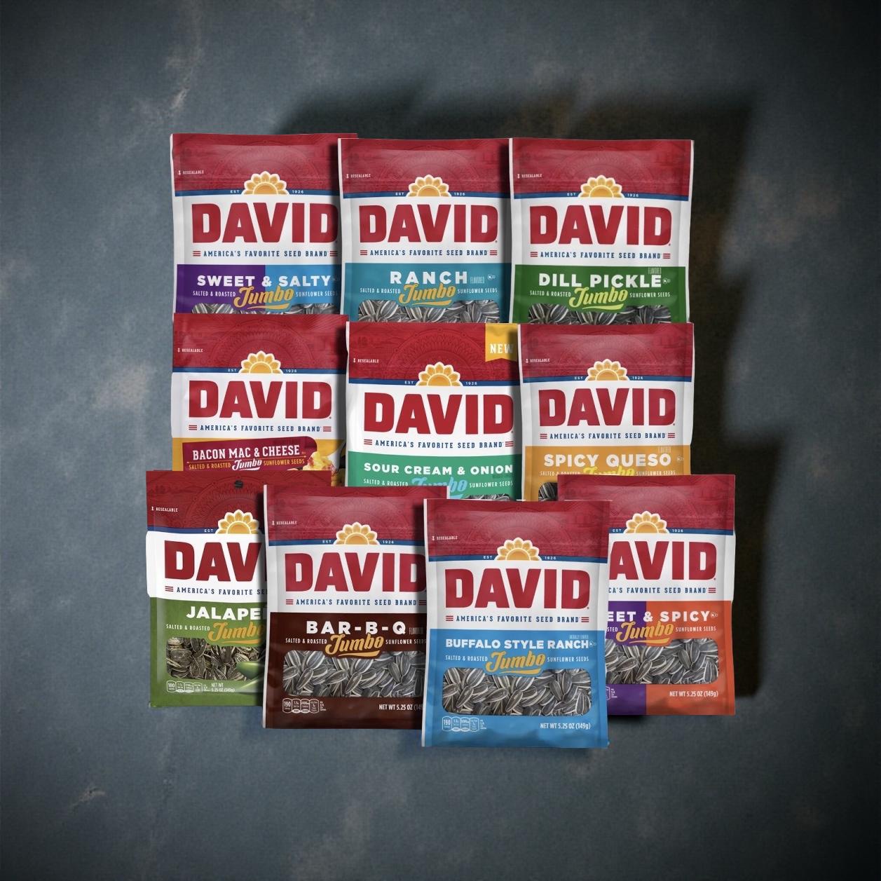 David Sunflower Seeds Variety Pack, 10 Bags May include BBQ, Dill Pickle, Ranch, Bacon Mac n Cheese, Buffalo Ranch, Sweet & Salty, Sweet & Spicy, Jalapeno, Sour Cream & Onion Or Spicy 4