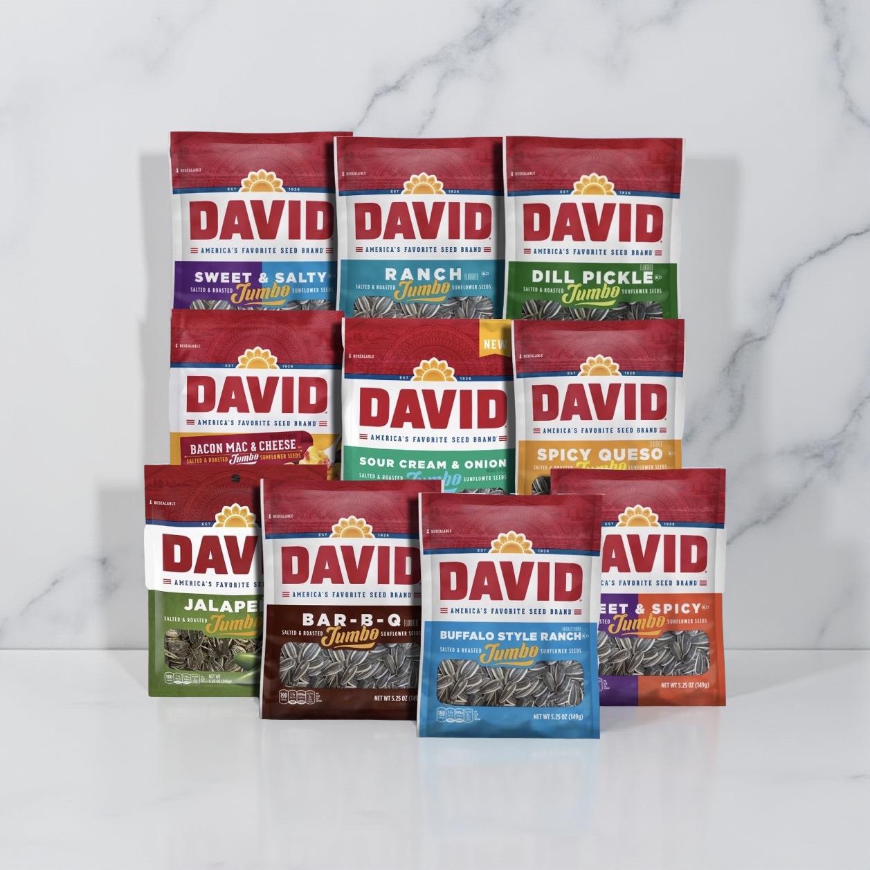 David Sunflower Seeds Variety Pack, 10 Bags May include BBQ, Dill Pickle, Ranch, Bacon Mac n Cheese, Buffalo Ranch, Sweet & Salty, Sweet & Spicy, Jalapeno, Sour Cream & Onion Or Spicy 5