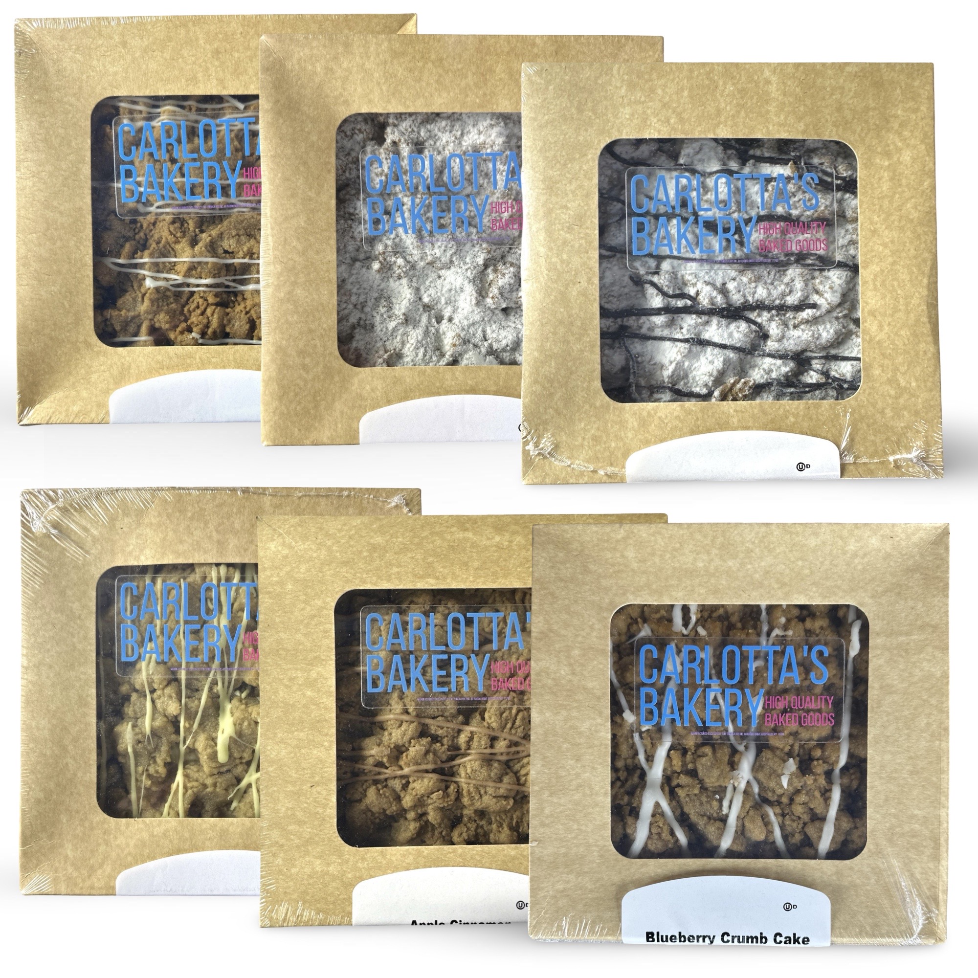 Carlotta's Bakery Crumb Cakes Complete Package, Double Chocolate, Old Fashioned and Cream Cheese, Raspberry, Blueberry and Apple Cinnamon