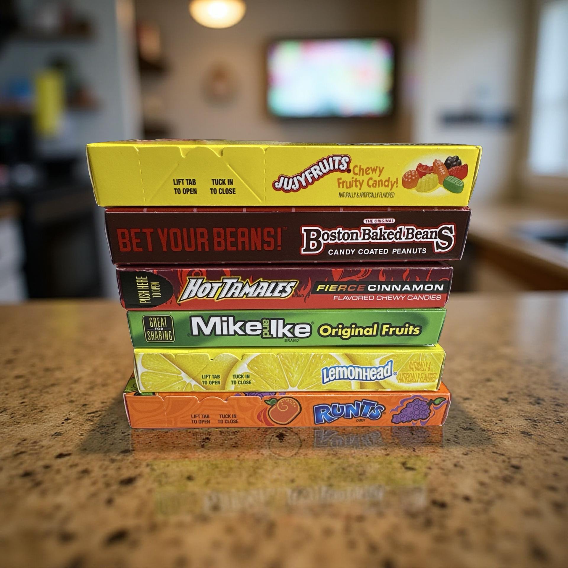 Nostalgic Candy Large Movie Theater Size Boxes Variety, Boston Baked Beans, Jujyfruit, Mike & Ike, Runts, Lemonhead and Hot Tamales 6
