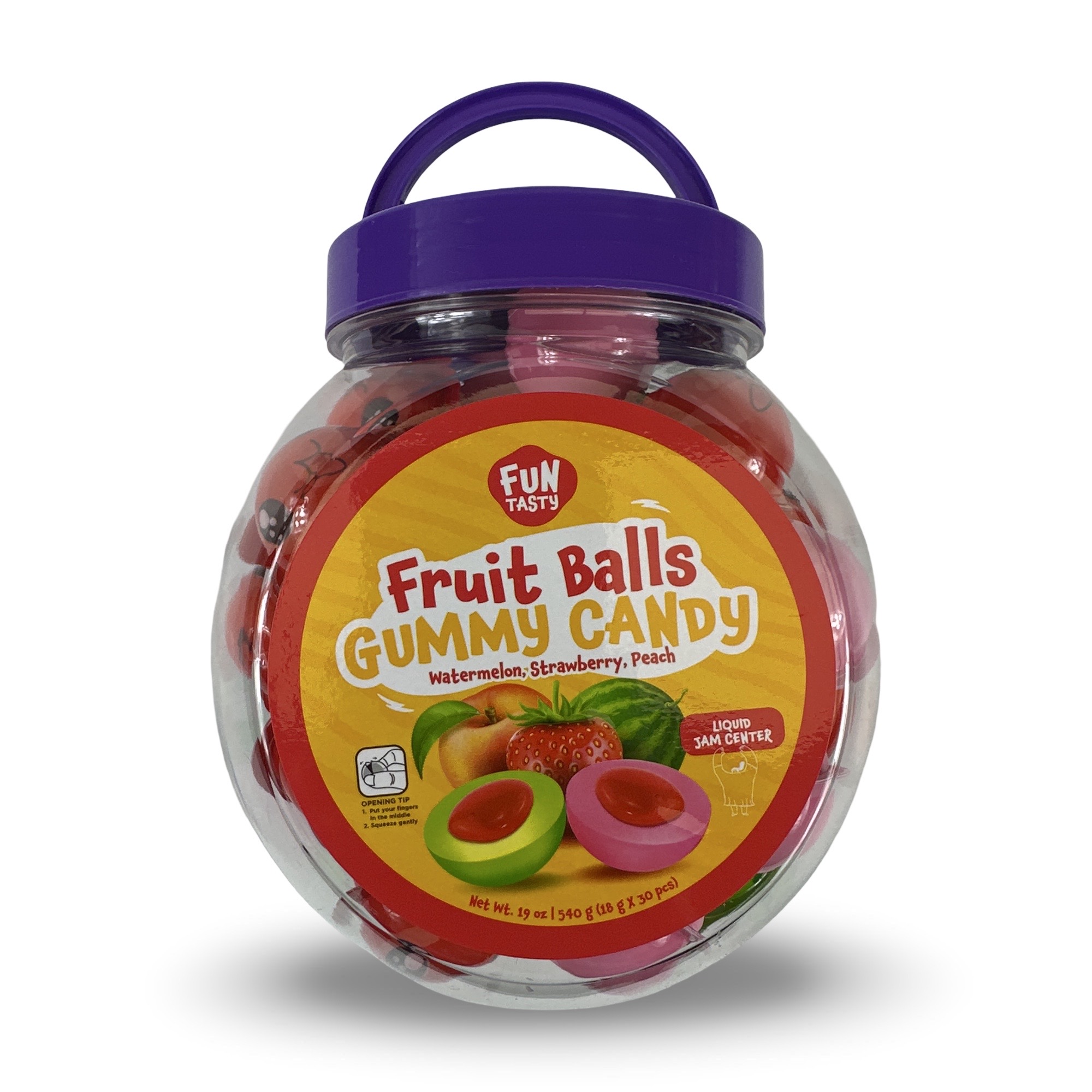 Jam Filled Fruit Gummy Balls, Mixed Fruit Including Peach, Watermelon and Strawberry,  19 Oz Jar, 30 Pieces