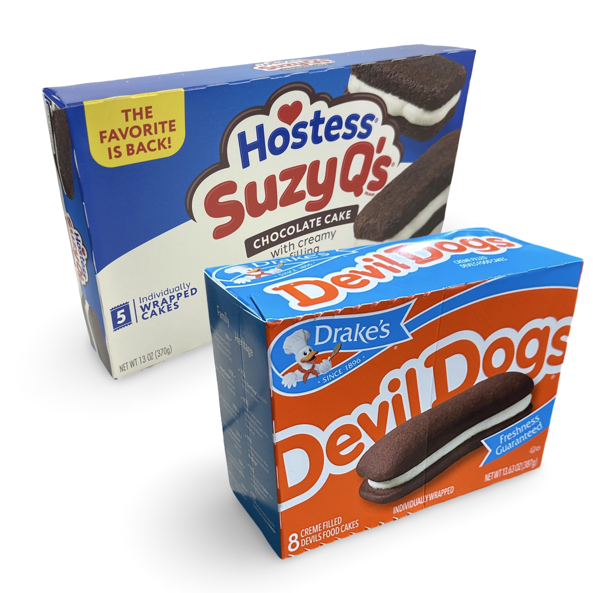 Hostess Suzy Q's vs. Drake's Devil Dogs Combo Pack, Cream Filled Chocolate Snack Cakes, 1 Each