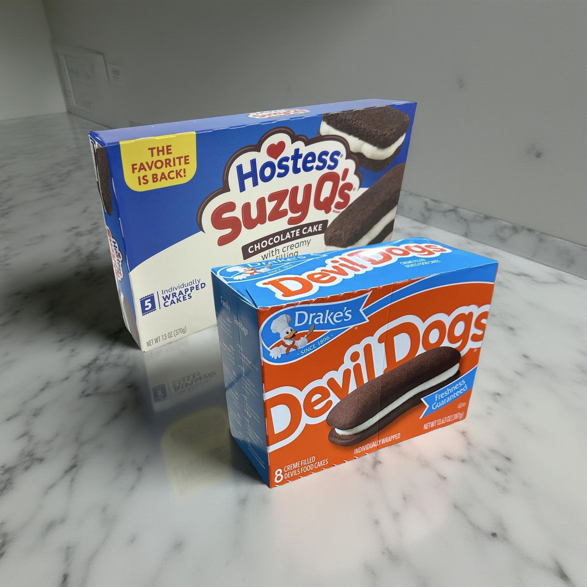 Hostess Suzy Q's vs. Drake's Devil Dogs Combo Pack, Cream Filled Chocolate Snack Cakes, 1 Each 4