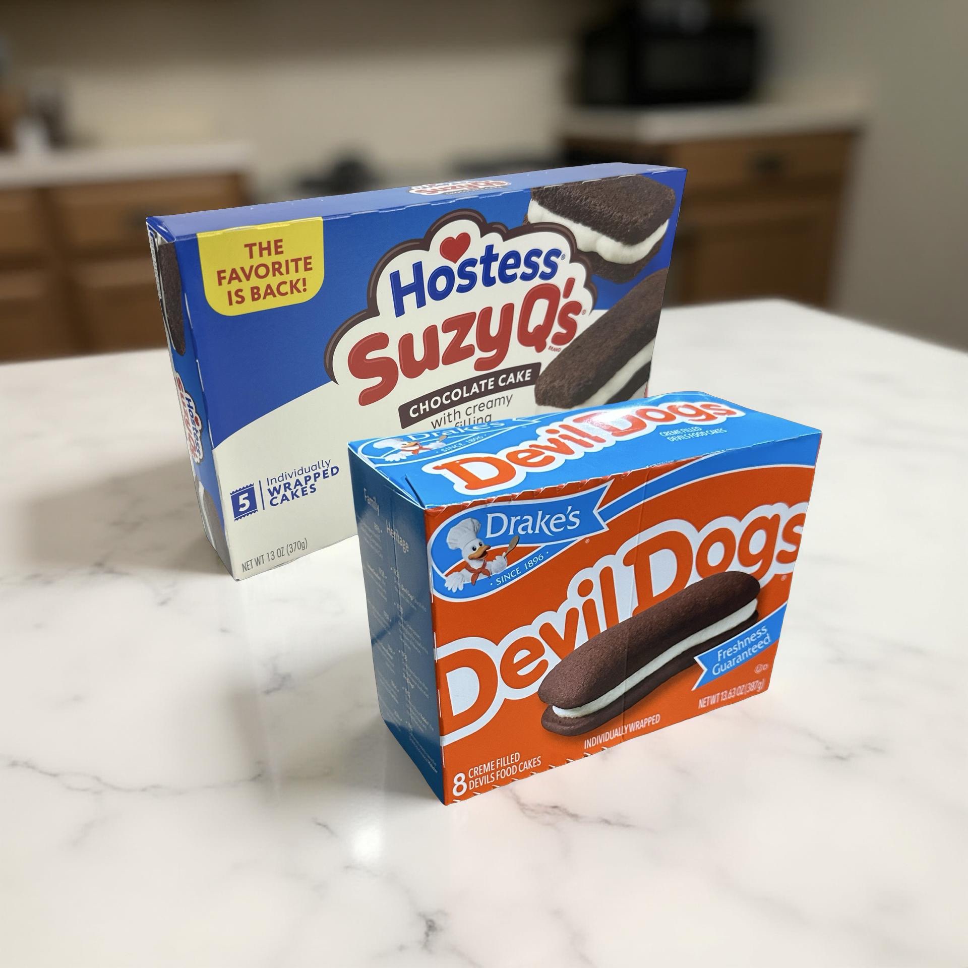 Hostess Suzy Q's vs. Drake's Devil Dogs Combo Pack, Cream Filled Chocolate Snack Cakes, 1 Each 5