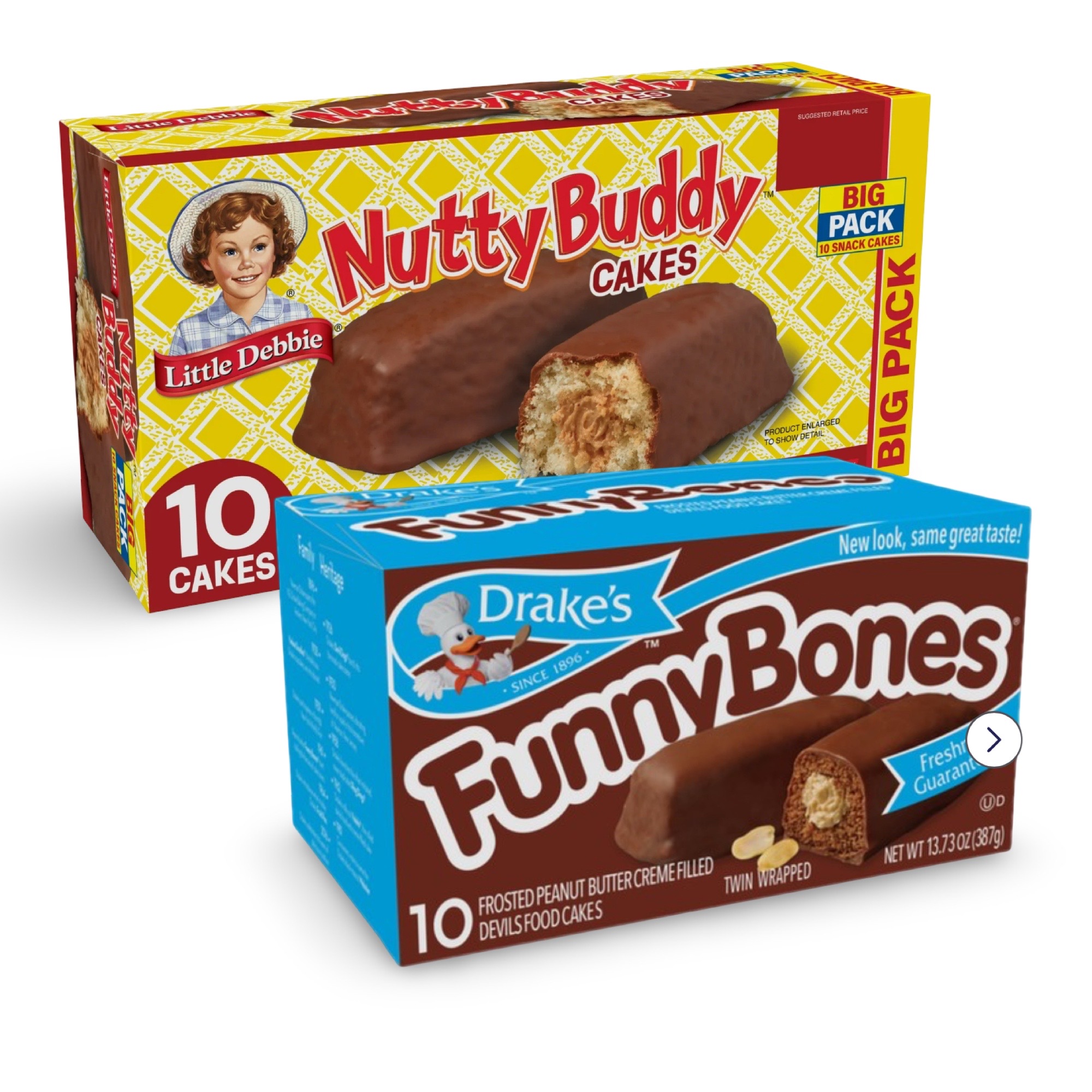 Little Debbie Nutty Buddy Cake vs. Drake's Funny Bones Combo Pack, Cream Filled Snack Cakes, 1 Each