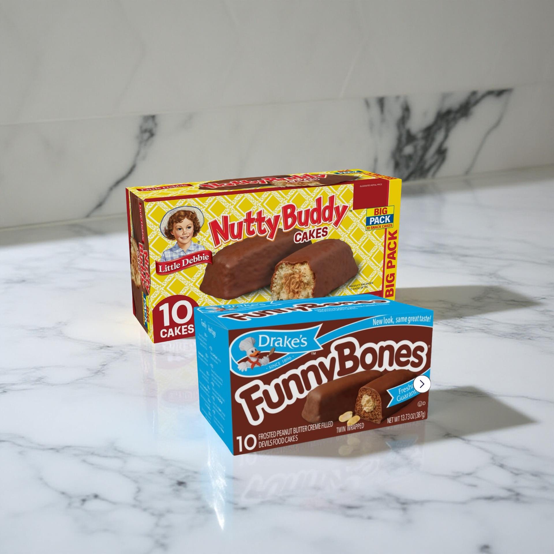 Little Debbie Nutty Buddy Cake vs. Drake's Funny Bones Combo Pack, Cream Filled Snack Cakes, 1 Each 5