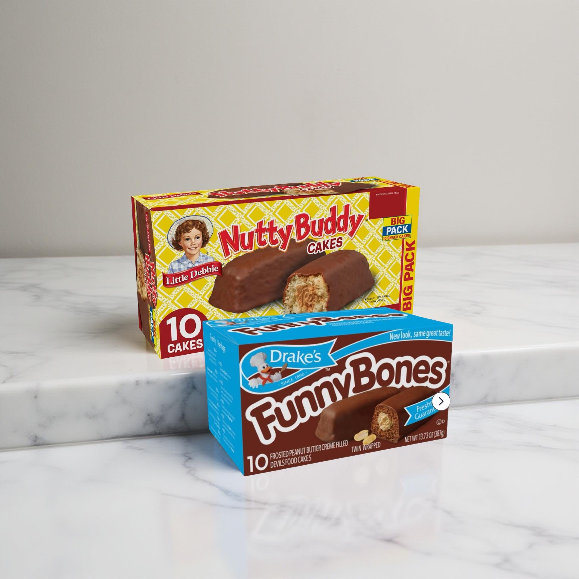 Little Debbie Nutty Buddy Cake vs. Drake's Funny Bones Combo Pack, Cream Filled Snack Cakes, 1 Each 4