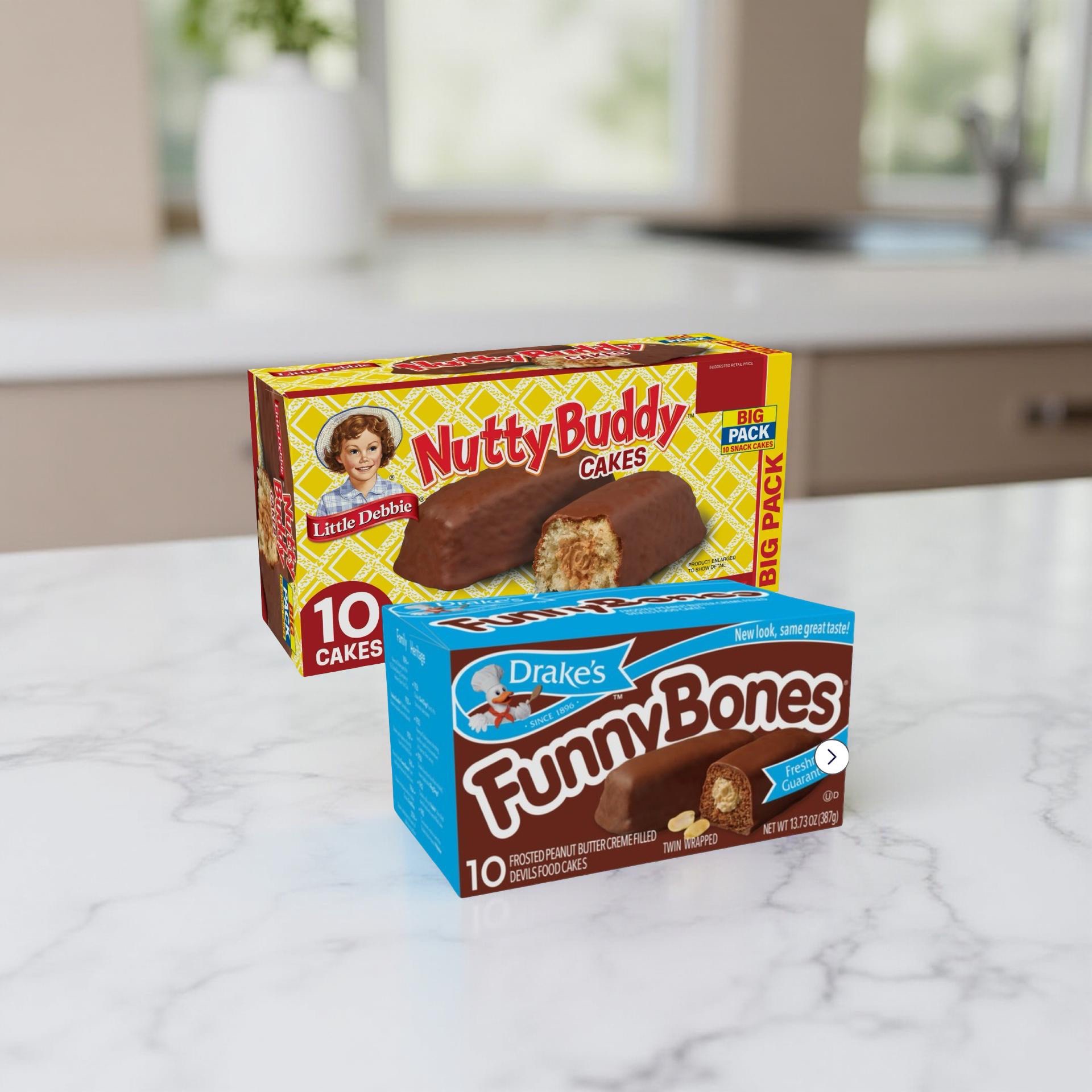 Little Debbie Nutty Buddy Cake vs. Drake's Funny Bones Combo Pack, Cream Filled Snack Cakes, 1 Each 6