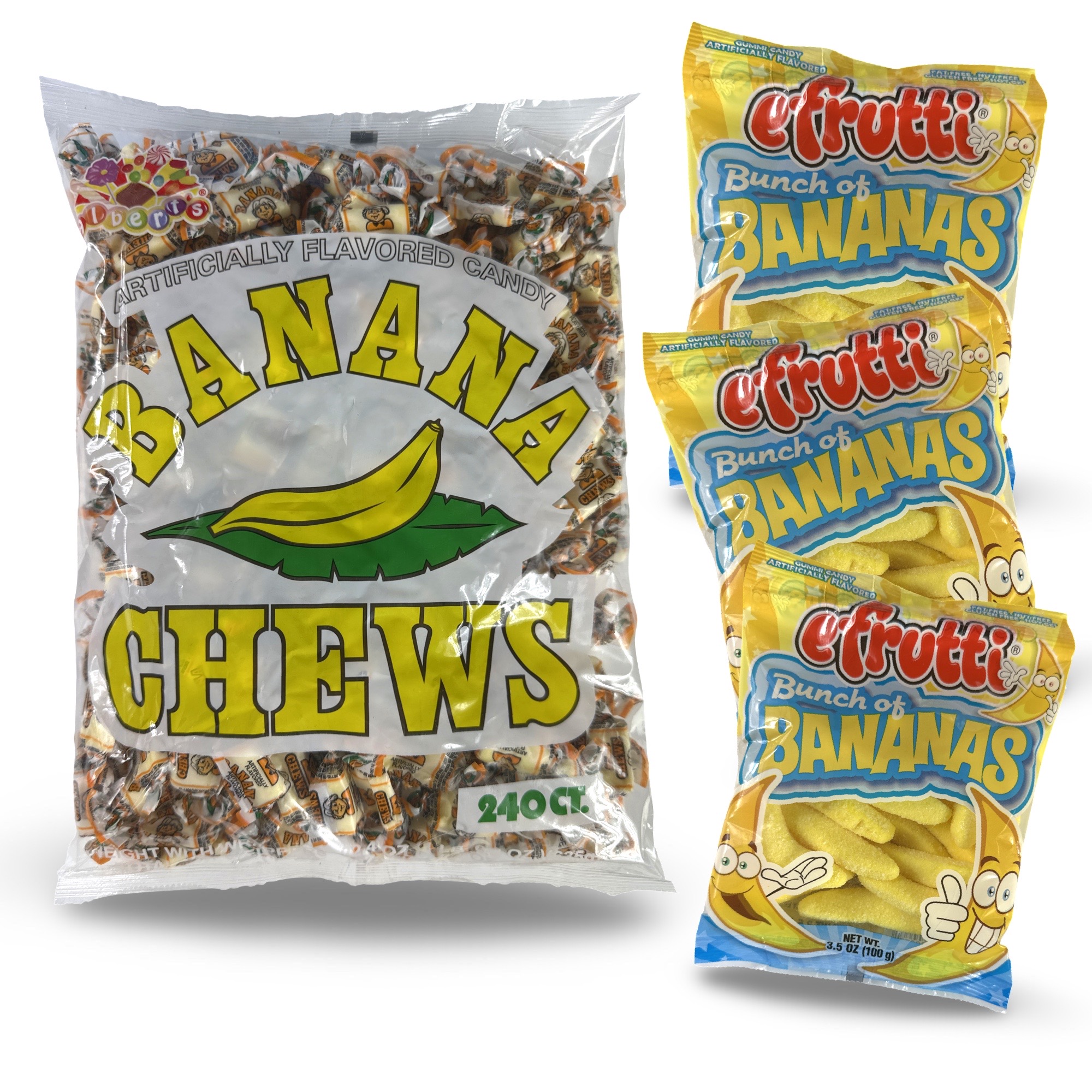 Banana Candy Lovers Combo Albert's Taffy Chews & EFrutti Gummies Chewy Fruity Snack Soft Sweet Banana Flavor 240 Count & 3.5 Oz Bags