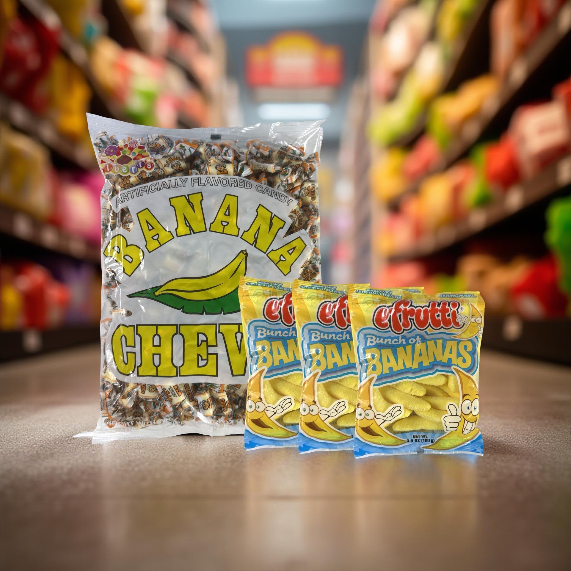 Banana Candy Lovers Combo Albert's Taffy Chews & EFrutti Gummies Chewy Fruity Snack Soft Sweet Banana Flavor 240 Count & 3.5 Oz Bags 2