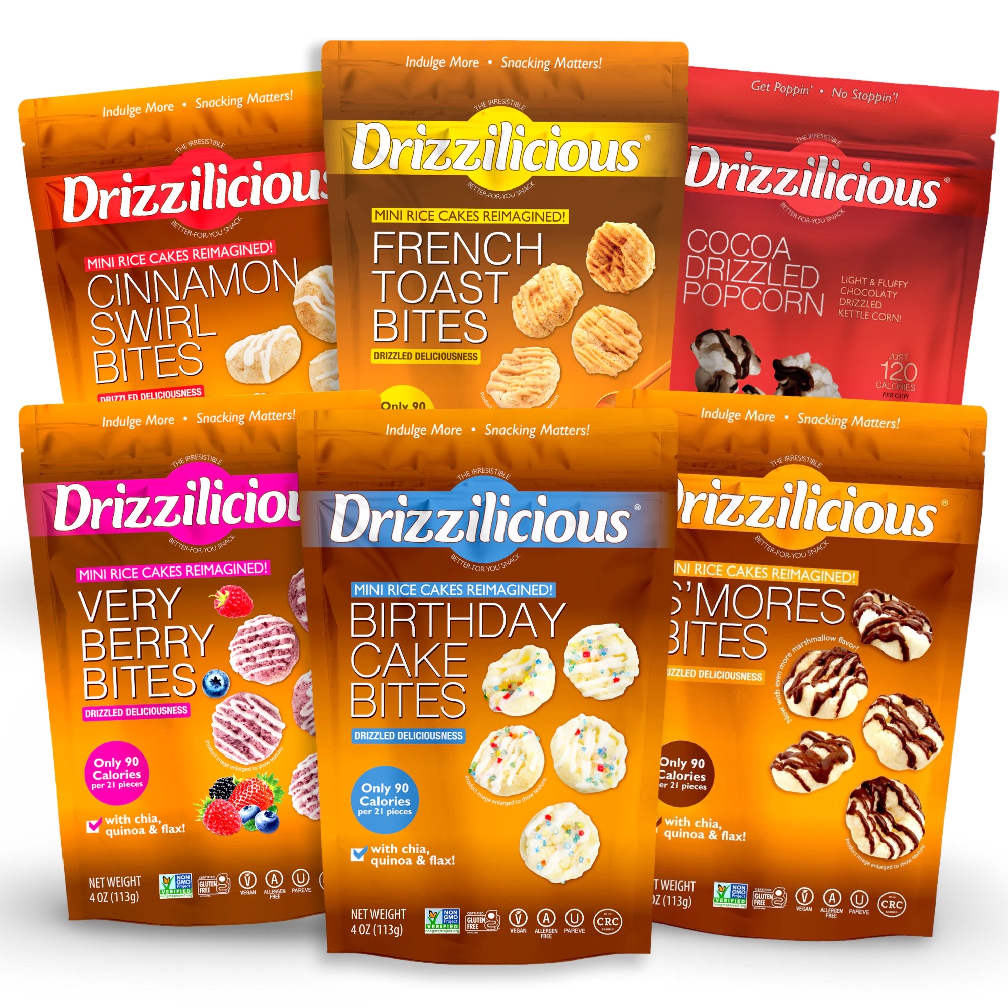 Drizzilicious Mini Rice Cake Bites 6 Flavor Variety Pack: Birthday, Cinnamon, French Toast, Popcorn, S'mores and Very Berry