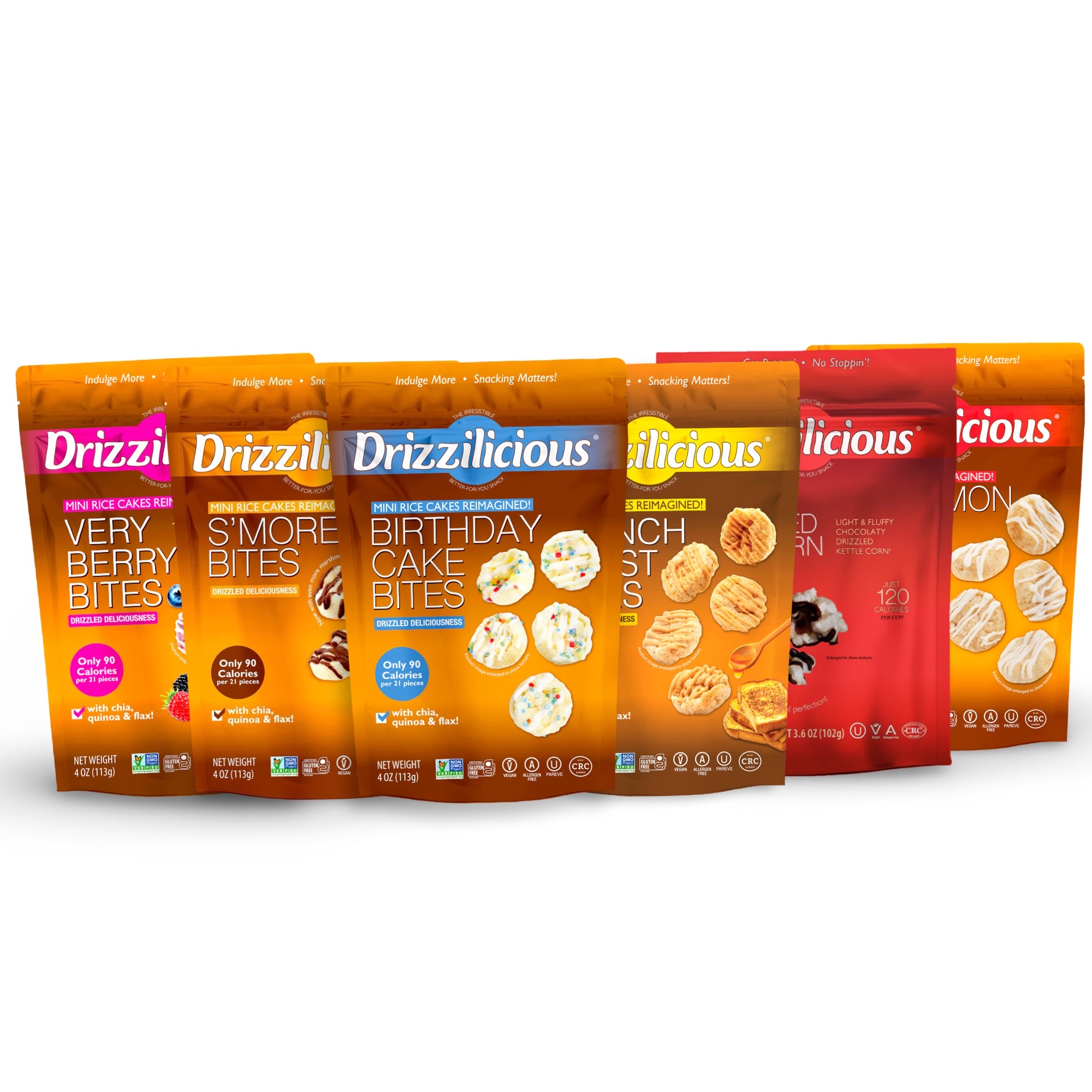 Drizzilicious Mini Rice Cake Bites 6 Flavor Variety Pack: Birthday, Cinnamon, French Toast, Popcorn, S'mores and Very Berry 3