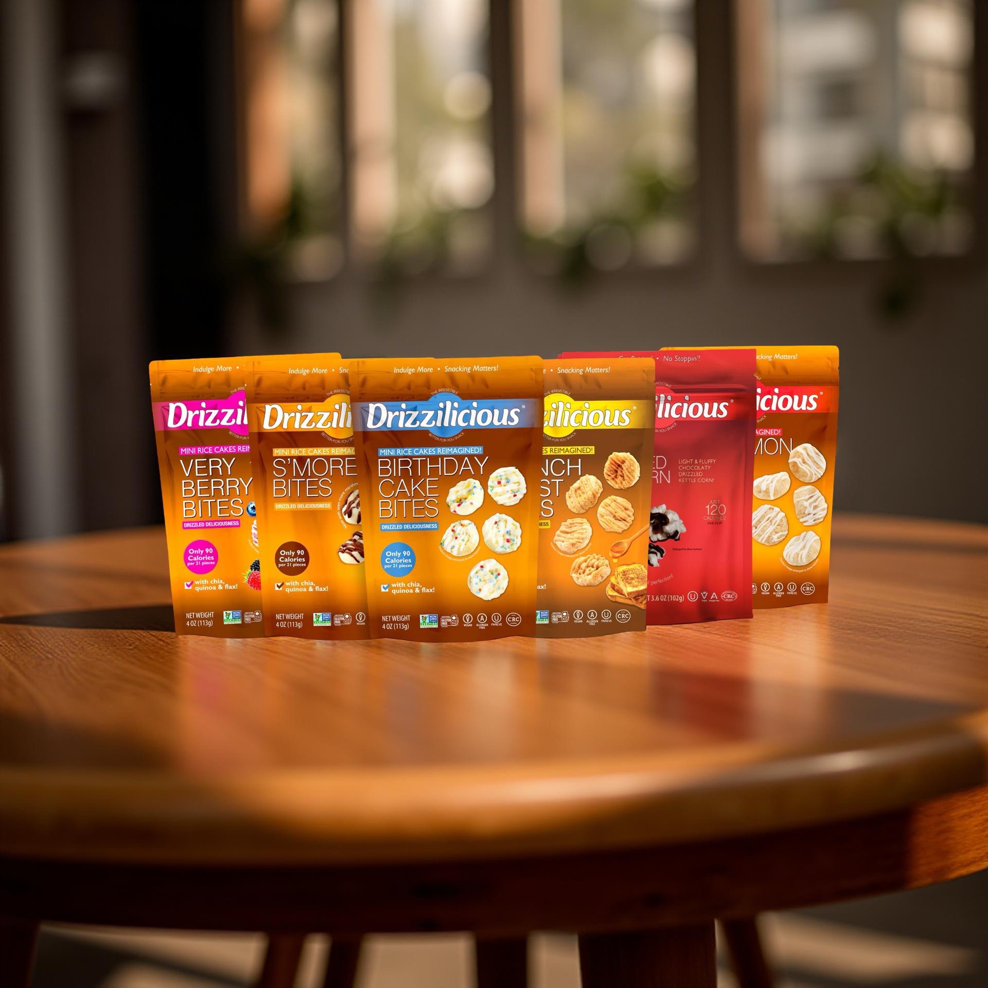 Drizzilicious Mini Rice Cake Bites 6 Flavor Variety Pack: Birthday, Cinnamon, French Toast, Popcorn, S'mores and Very Berry 6