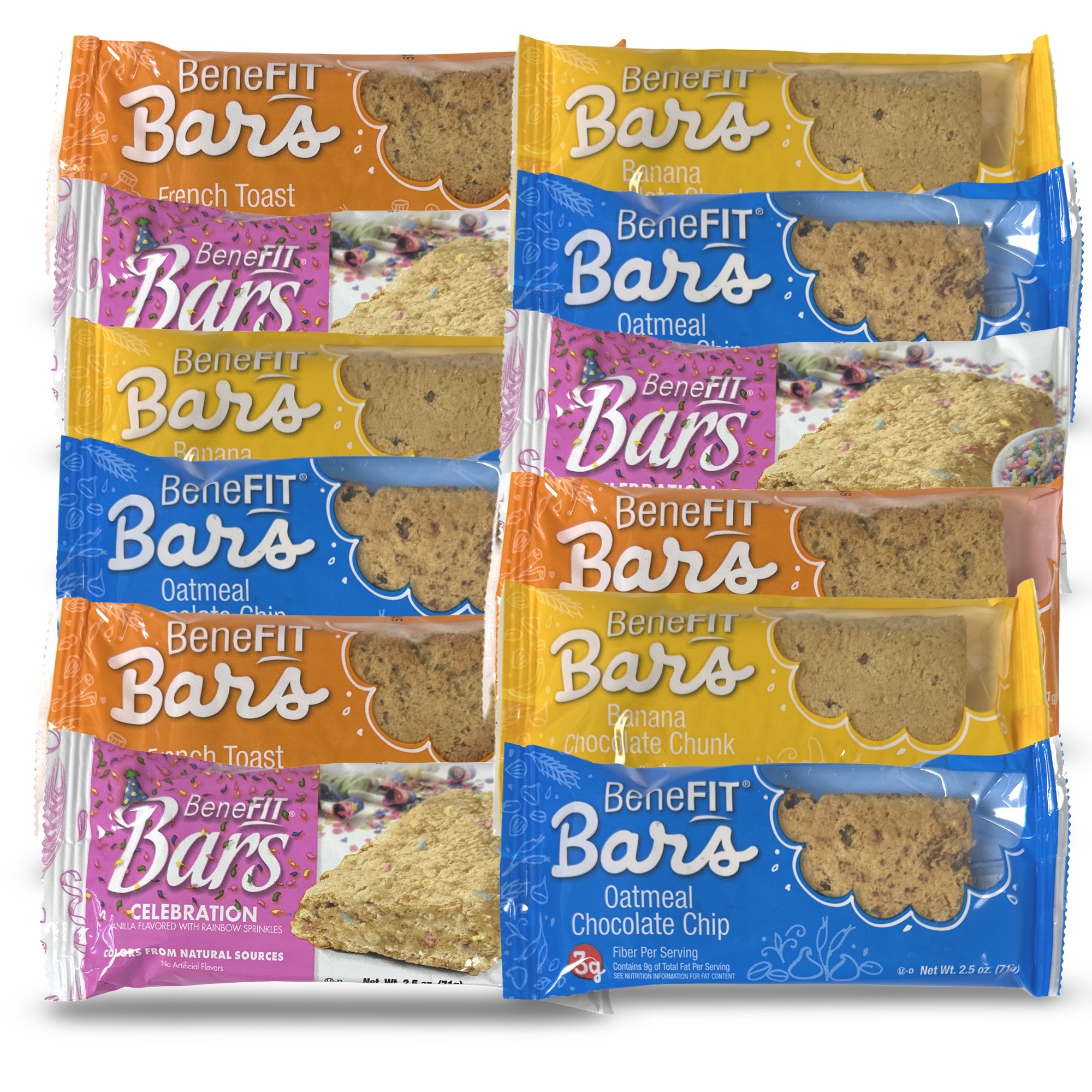 4 Flavor Benefit Bar Variety Featuring Banana Chocolate Chunk, Oatmeal Chocolate Chip, French Toast and Celebration Bar