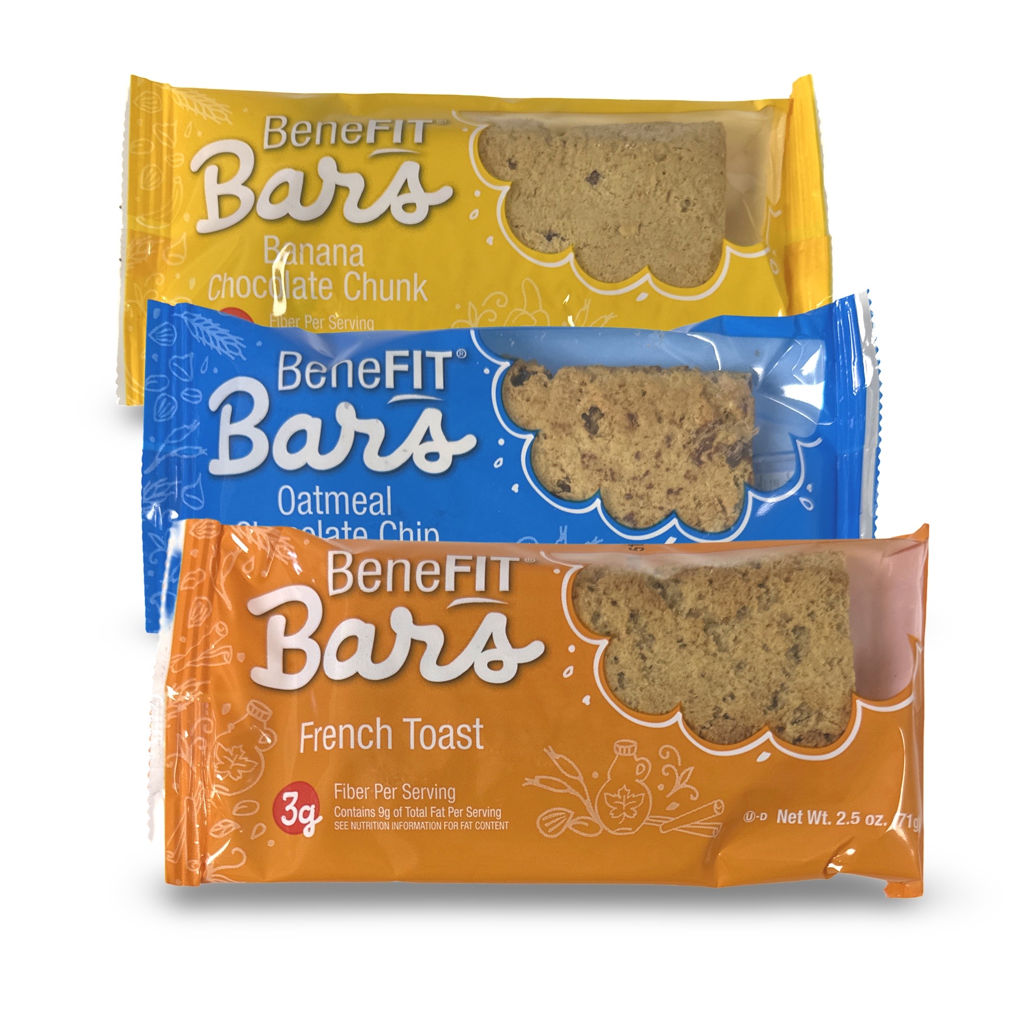 3 Flavor Benefit Bar Variety Featuring Banana Chocolate Chunk, Oatmeal Chocolate Chip and French Toast