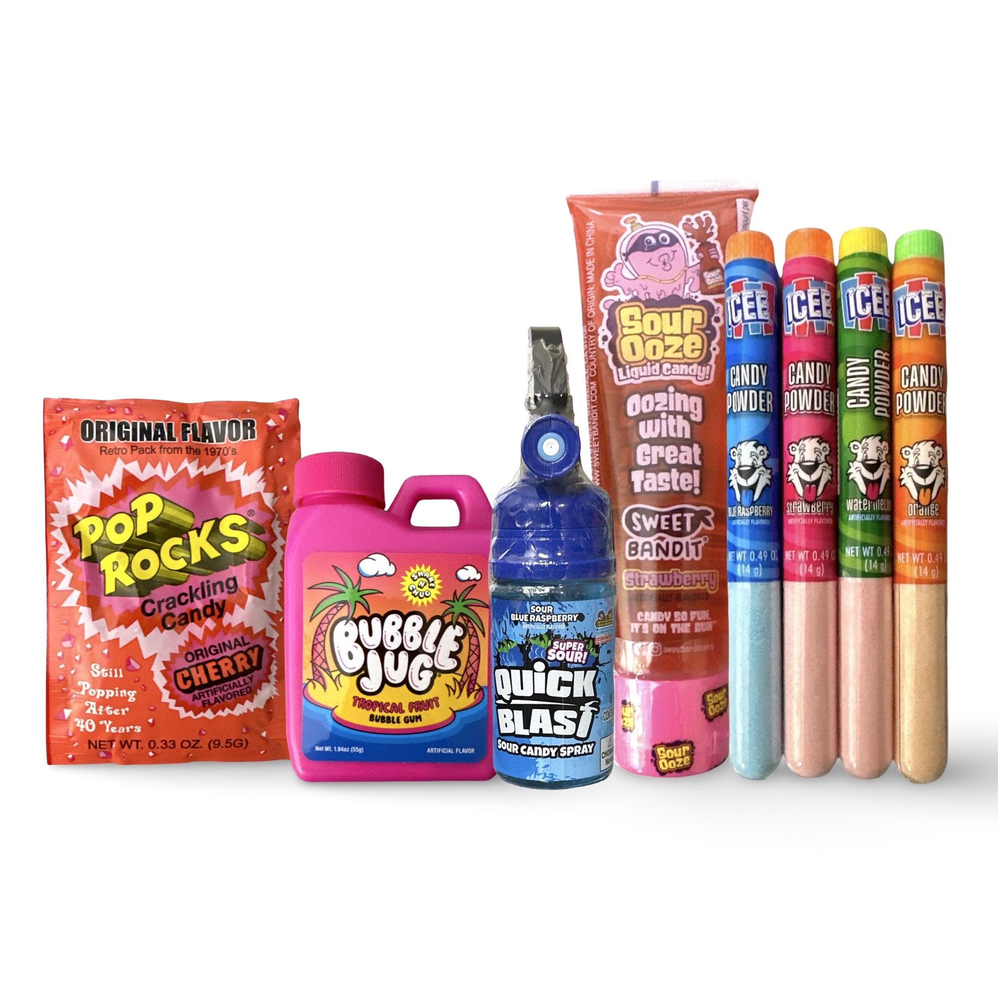 Sour Candy Full Size Sampler 8 Pack  | Sour Ooze, Quick Blast, Bubble Jug, Pop Rocks and Icee Candy Powder