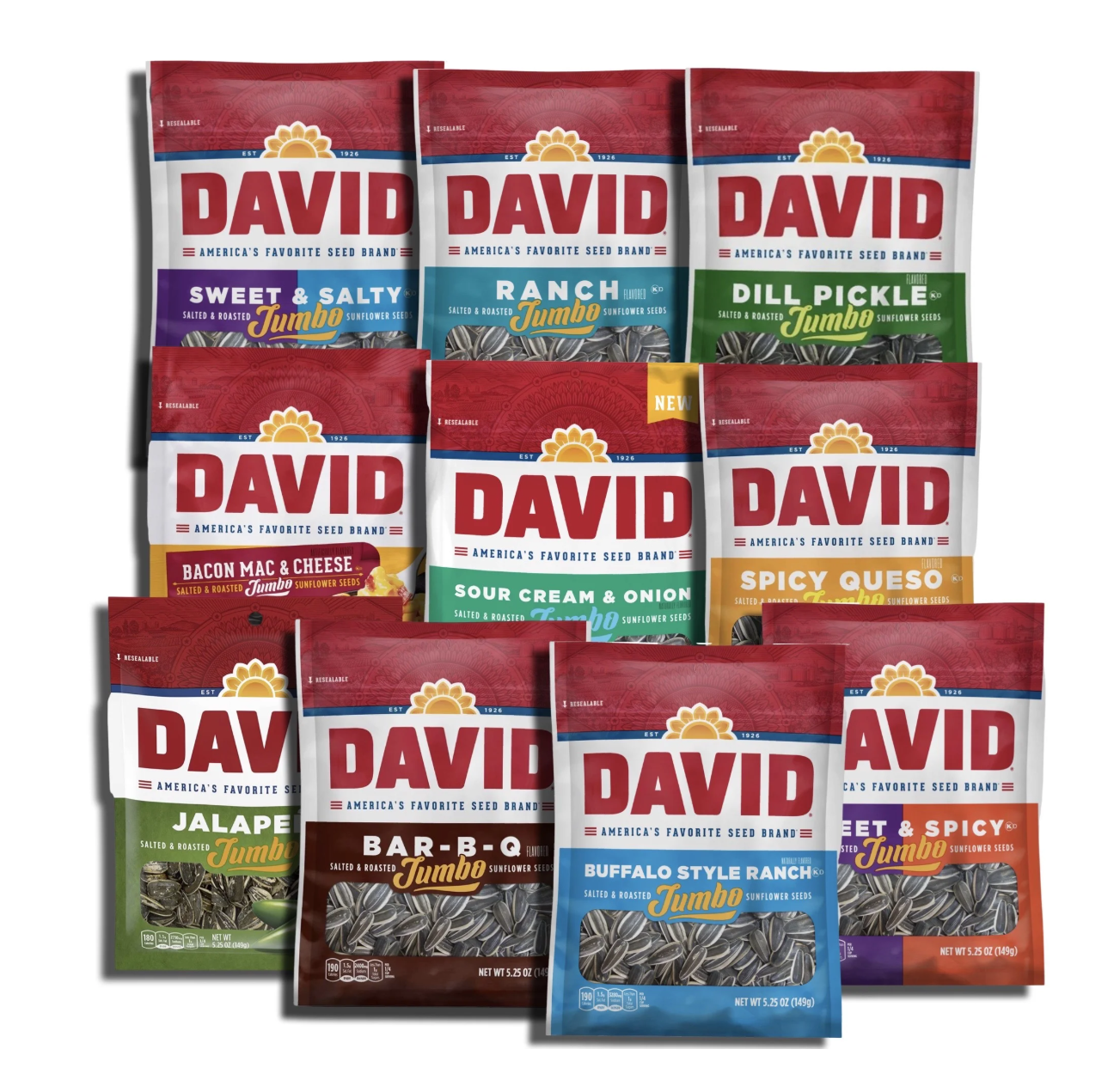 David Sunflower Seeds Variety Pack, 10 Bags May include BBQ, Dill Pickle, Ranch, Bacon Mac n Cheese, Buffalo Ranch, Sweet & Salty, Sweet & Spicy, Jalapeno, Sour Cream & Onion Or Spicy