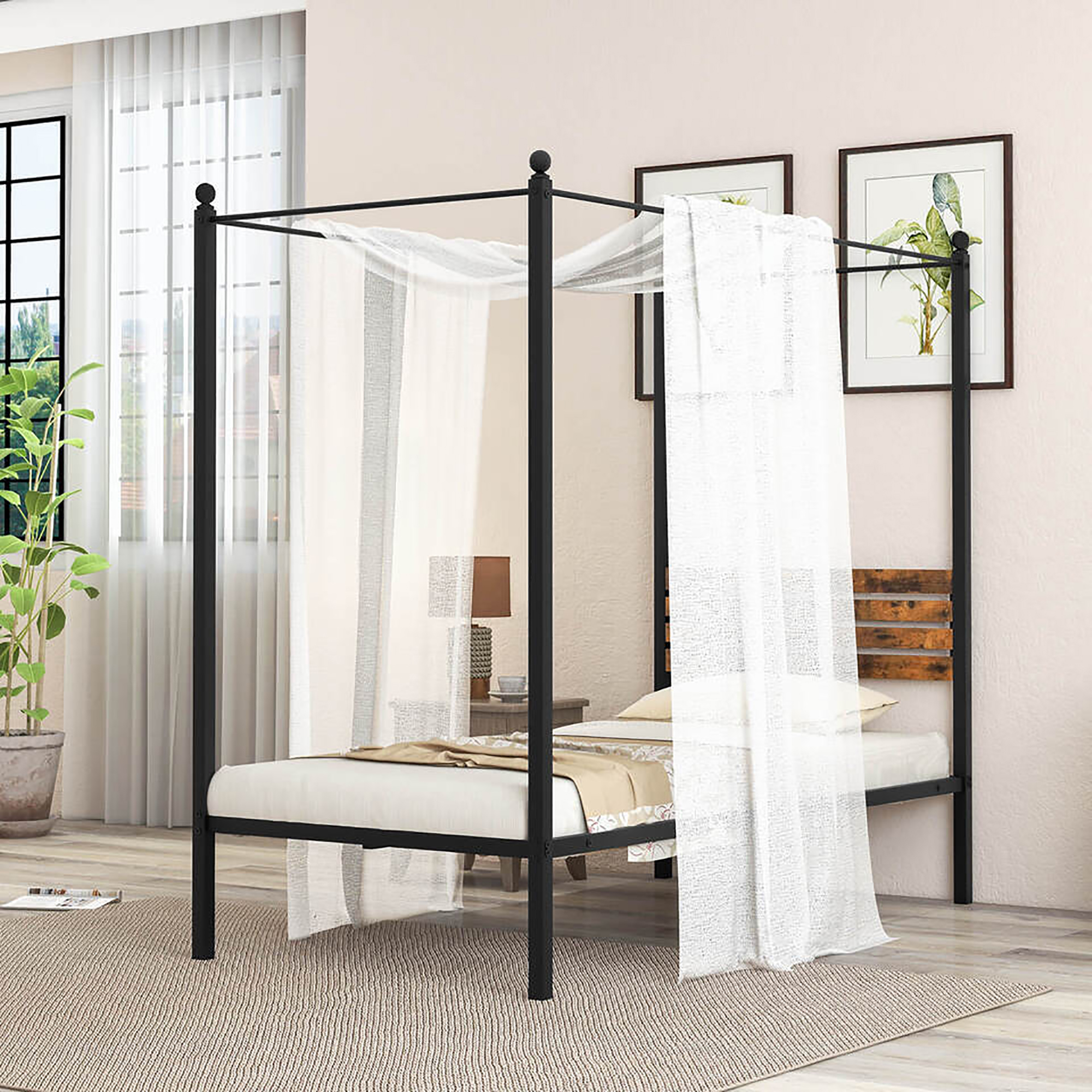 Topbuy Twin/Full/Queen Size 4-Post Canopy Bed Frame Rustproof Metal Noise-free