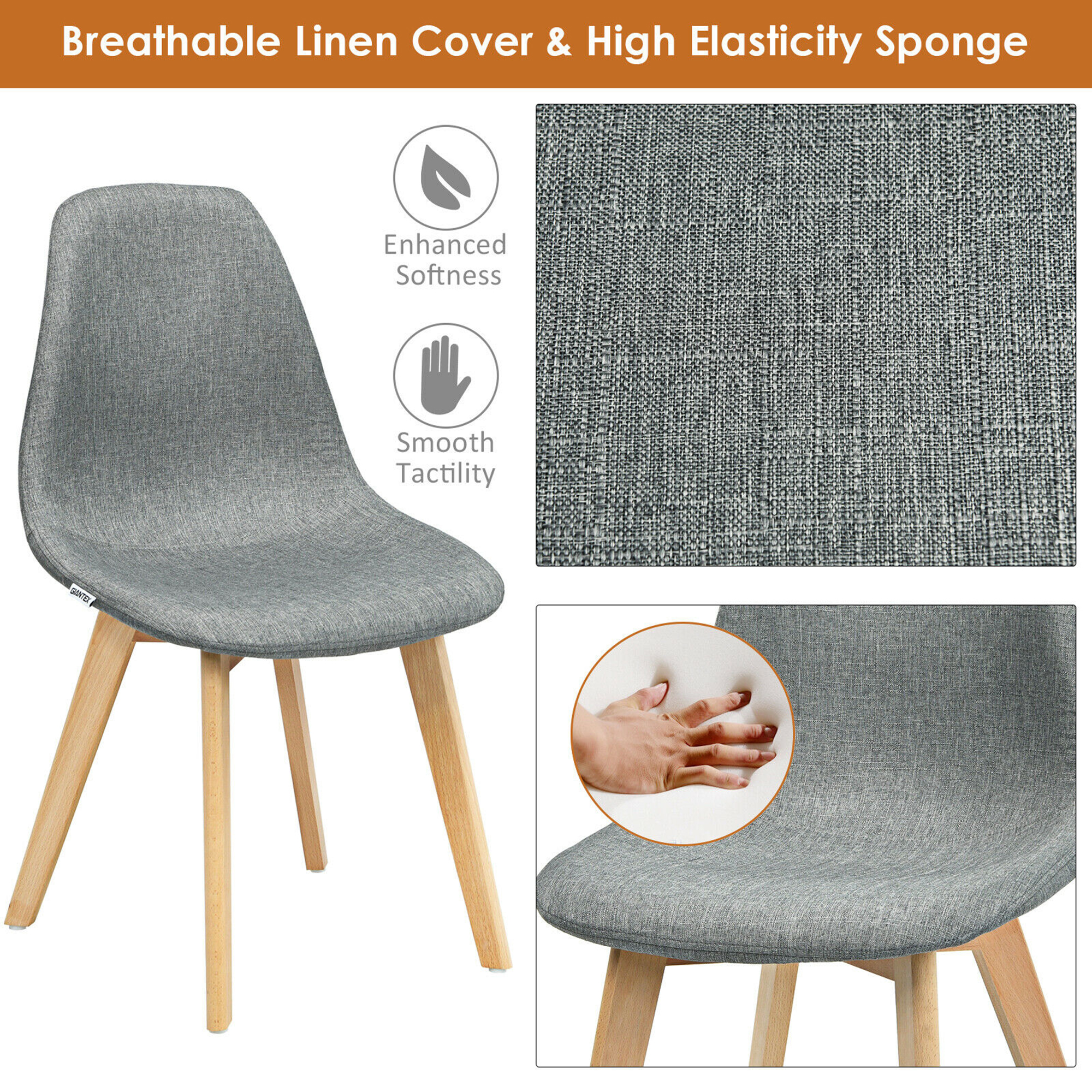 Set of 4 Dining Chairs Fabric Cushion Kitchen Side Chairs Gray - Picture 4 of 10