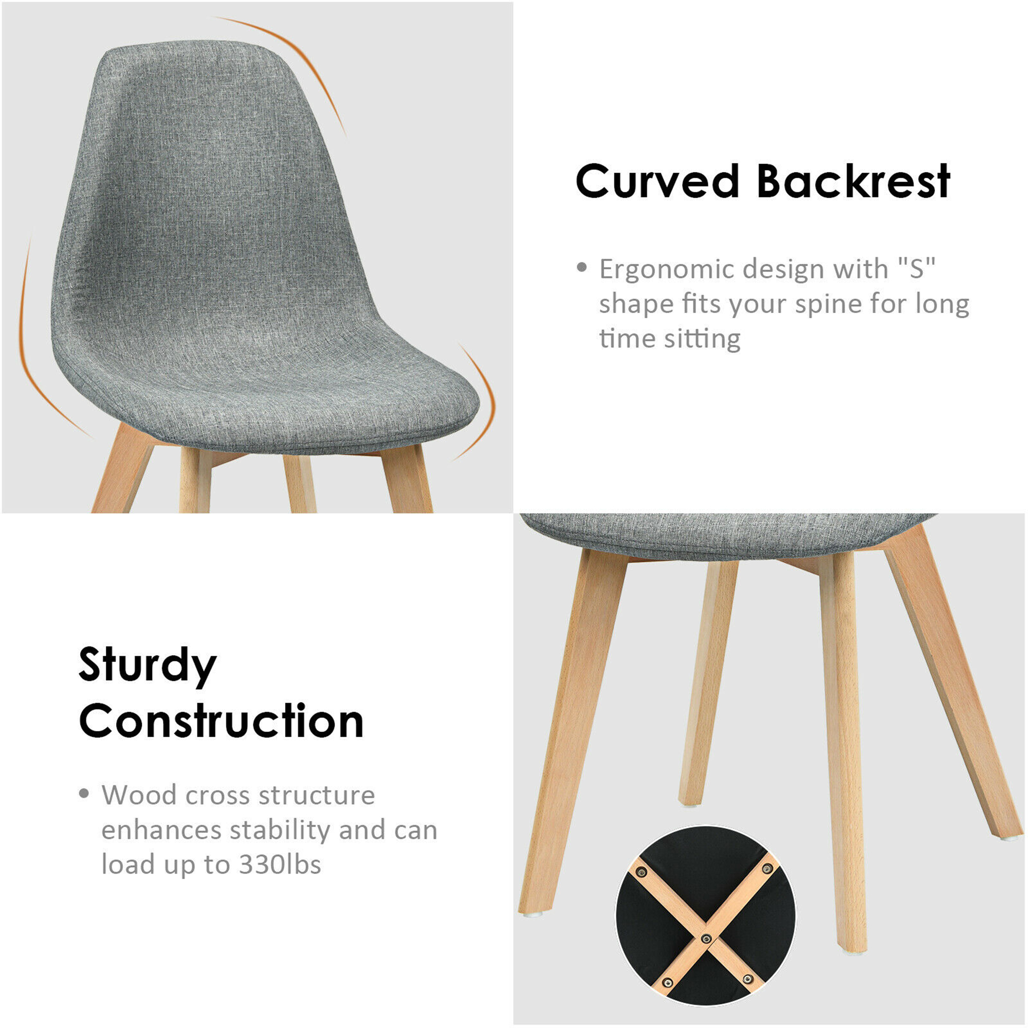 Set of 4 Dining Chairs Fabric Cushion Kitchen Side Chairs Gray - Picture 6 of 10