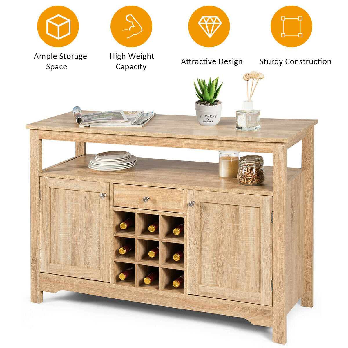 Buffet Server Wine Cabinet Console Table Dining Room Natural - Picture 8 of 12