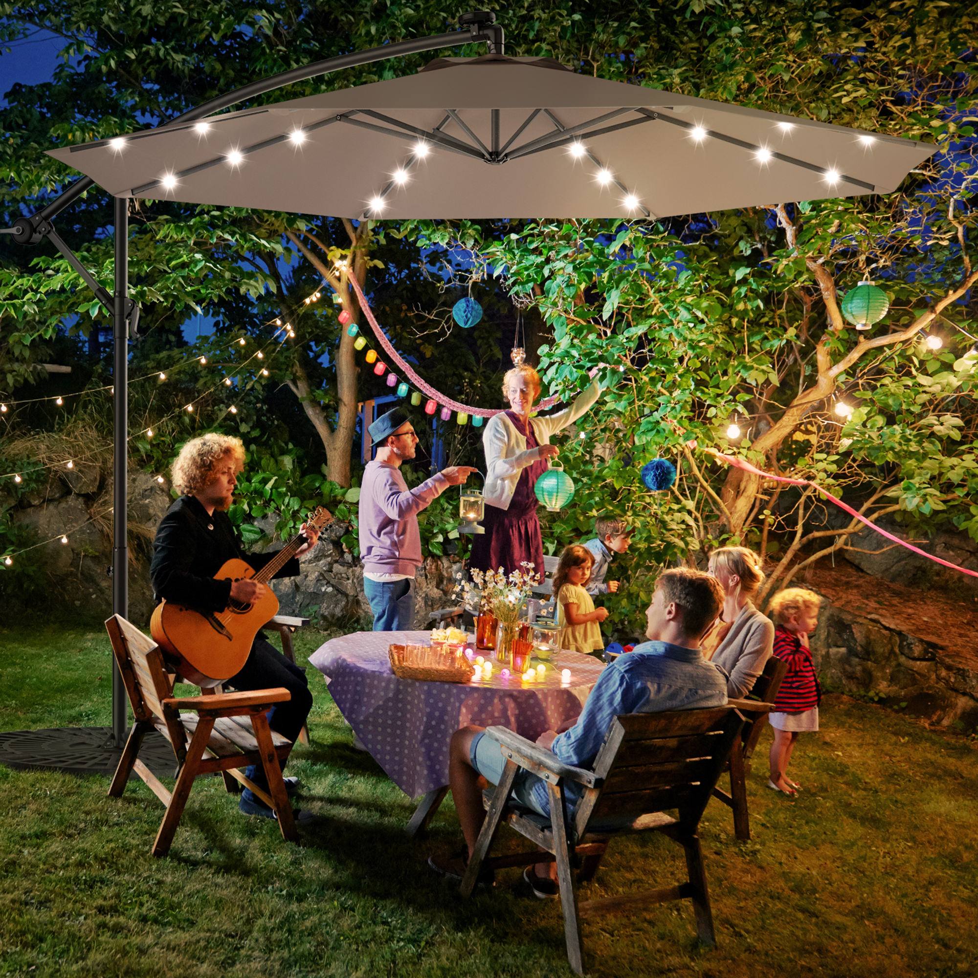 10Ft Patio Solar LED Outdoor Offset Hanging Umbrella w/ 24 Lights Tan 10Ft Patio Solar LED Outdoor Offset Hanging Umbrella w/ 24 Lights Tan