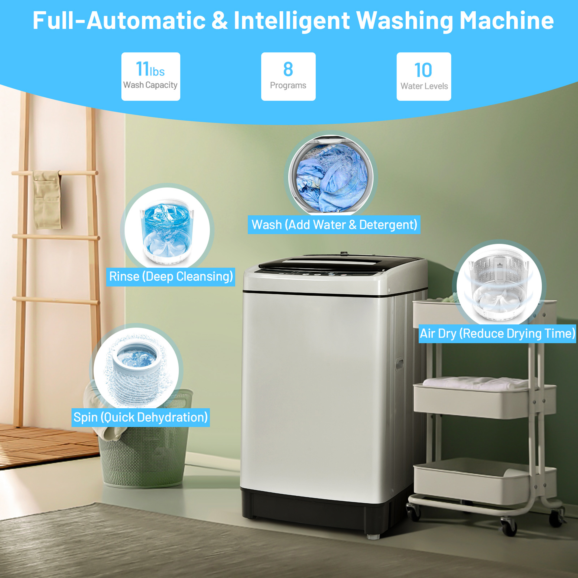 Topbuy Compact Full-automatic Washing Machine Laundry Washer w/ 11 lbs Capacity