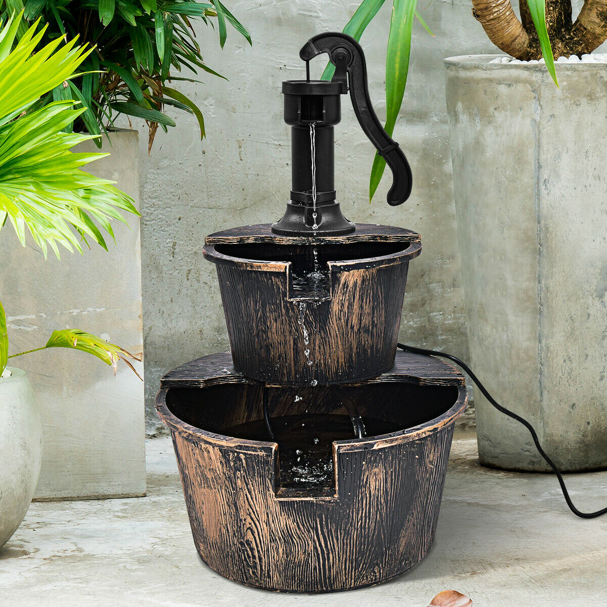 2 Tier Barrel Waterfall Fountain Barrel Water Fountain Pump Outdoor Garden eBay