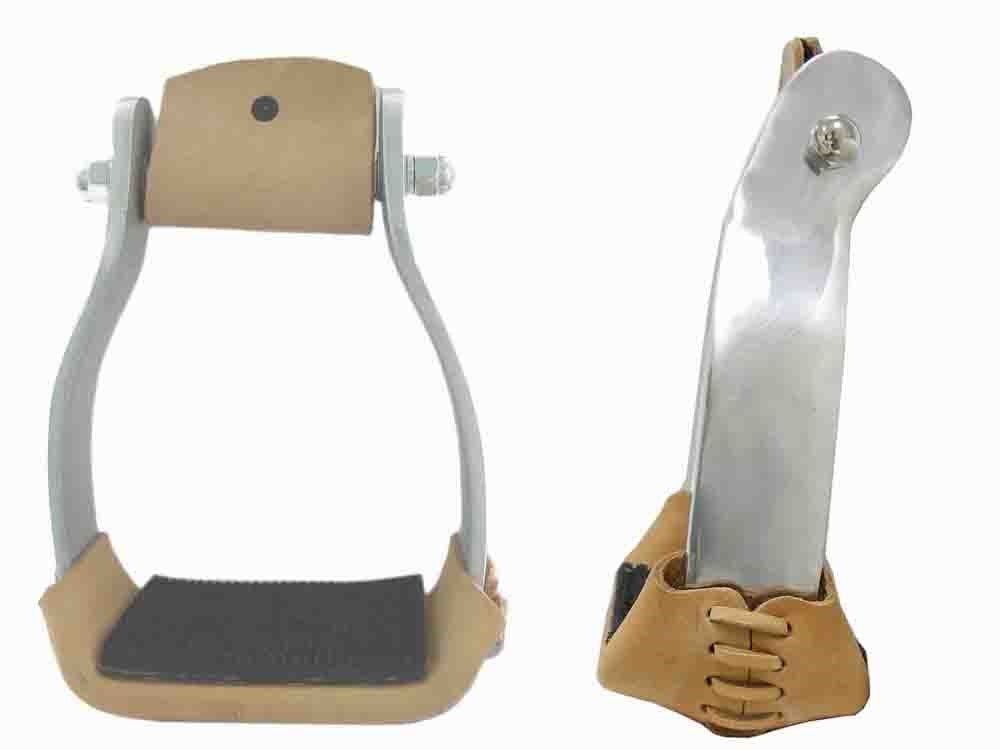 Offset Aluminum Roping Stirrups Leather Tread with Rubber Pad 3" Neck