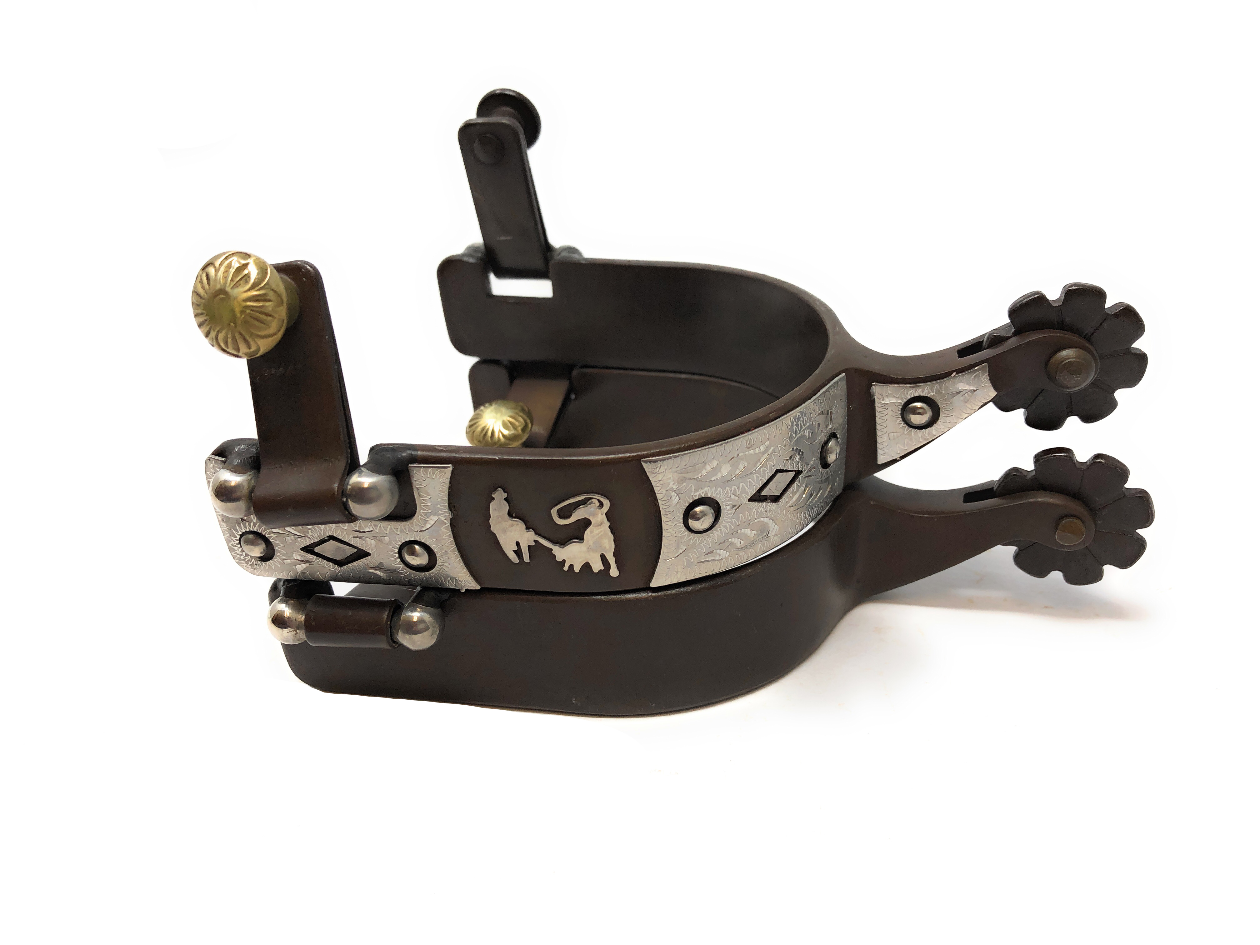 Western Show Spurs Team Roping Silver Engraving Antique Brown Color