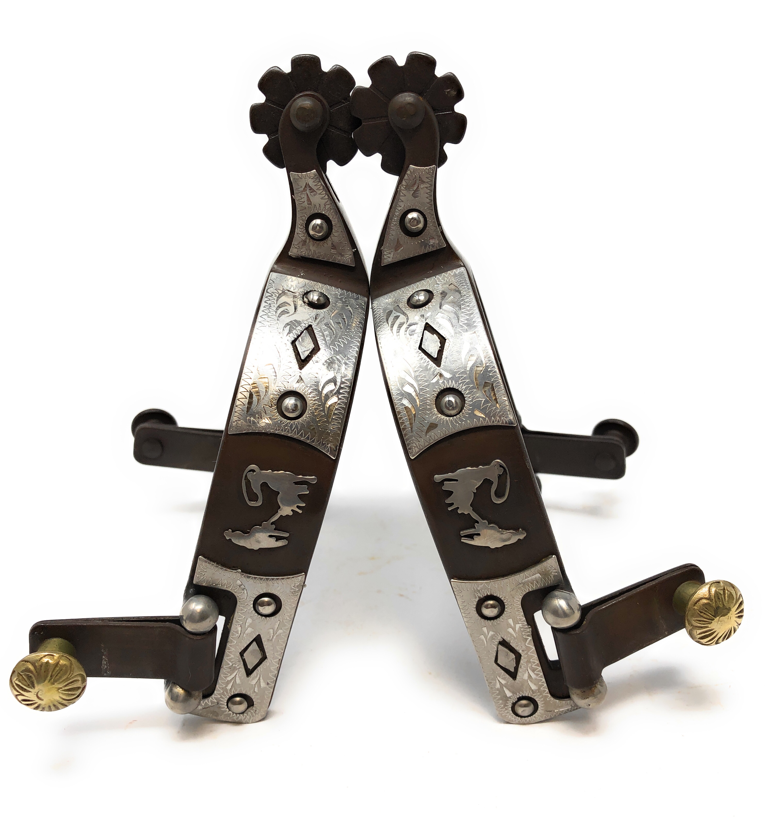 Western Show Spurs Team Roping Silver Engraving Antique Brown Color