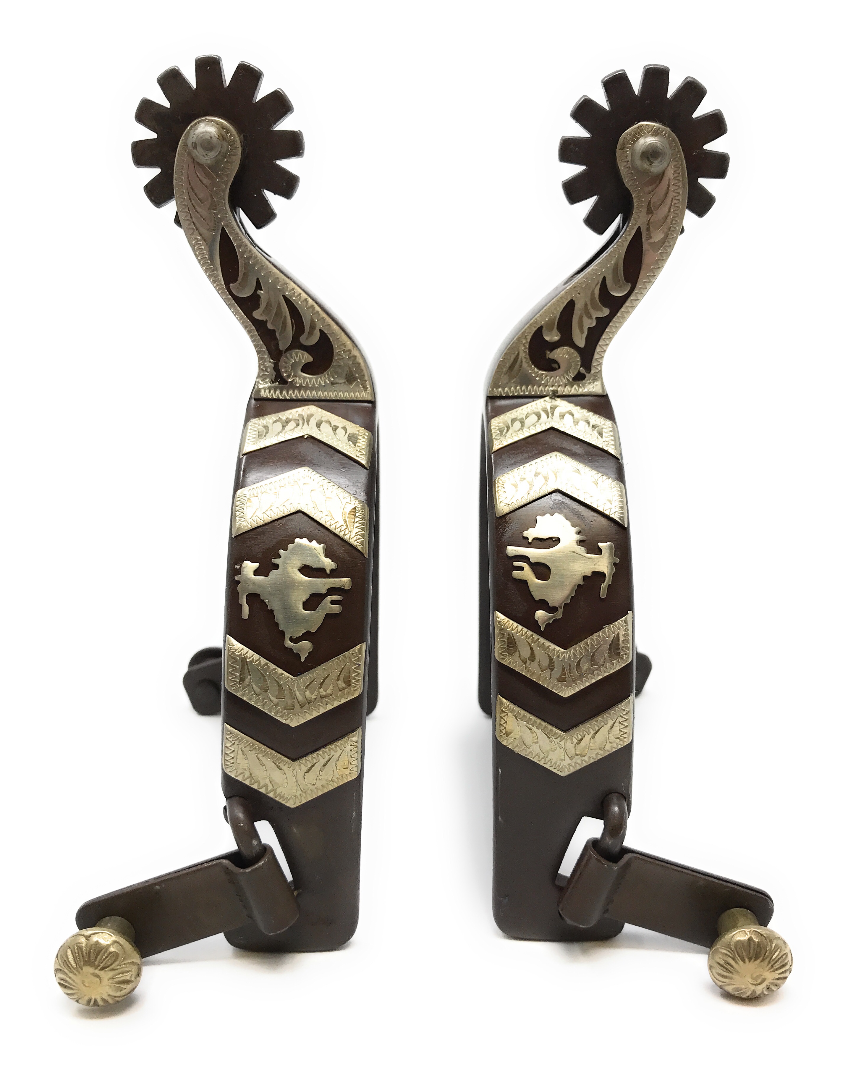 Bronc Rider Show Horse Spurs Silver Engraving Antique Brown Color Mens