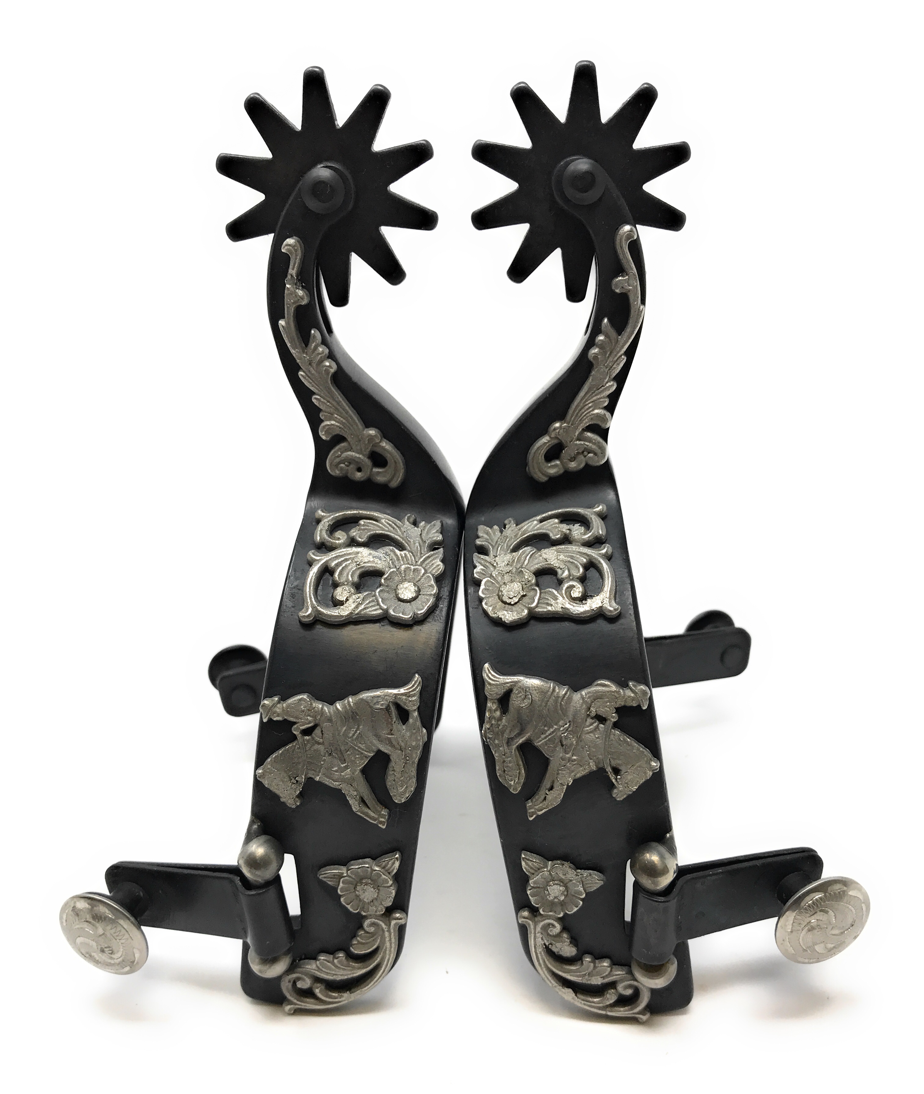 AJ Tack Wholesale Reining Horse Floral Western Show Spurs Black Steel Silver Overlay Mens Size