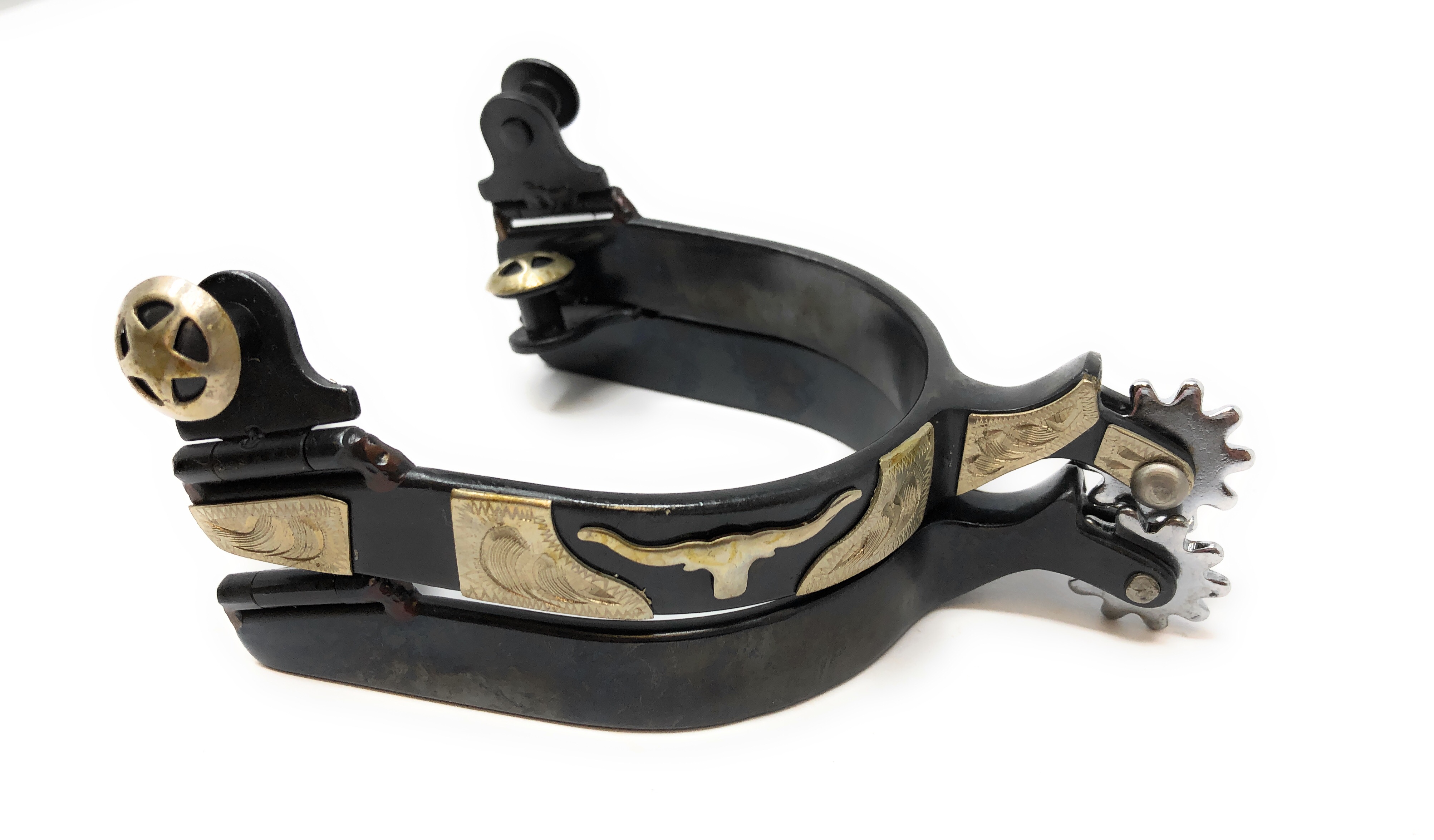 AJ Tack Wholesale Star and Pistols Bumper Spurs Humane Sidewinder Black Steel Hand Engraving Mens