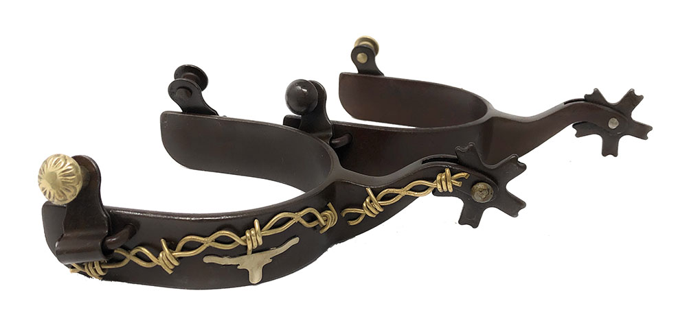 AJ Tack Wholesale Western Show Spurs Barb Wire Steer Head Longhorn 5pt Notched Rowels Mens
