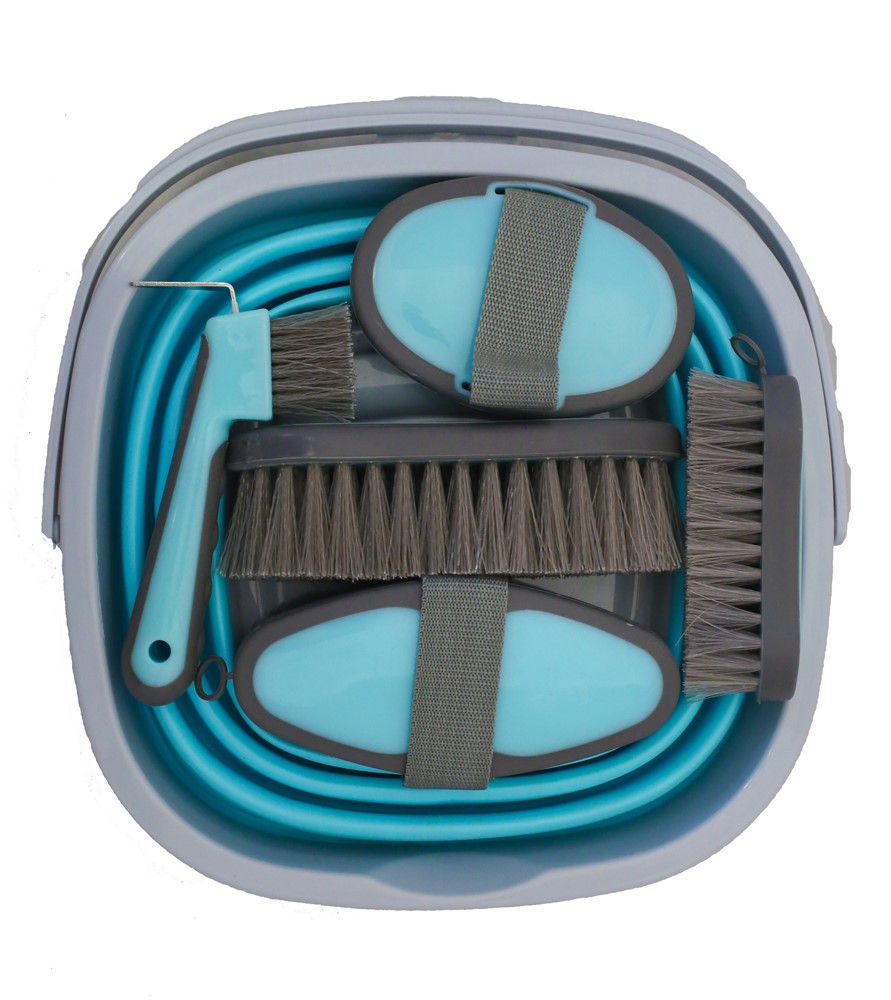 Horse Grooming Kit Collapsible 6 Piece Bucket Brushes Hoofpick Curry