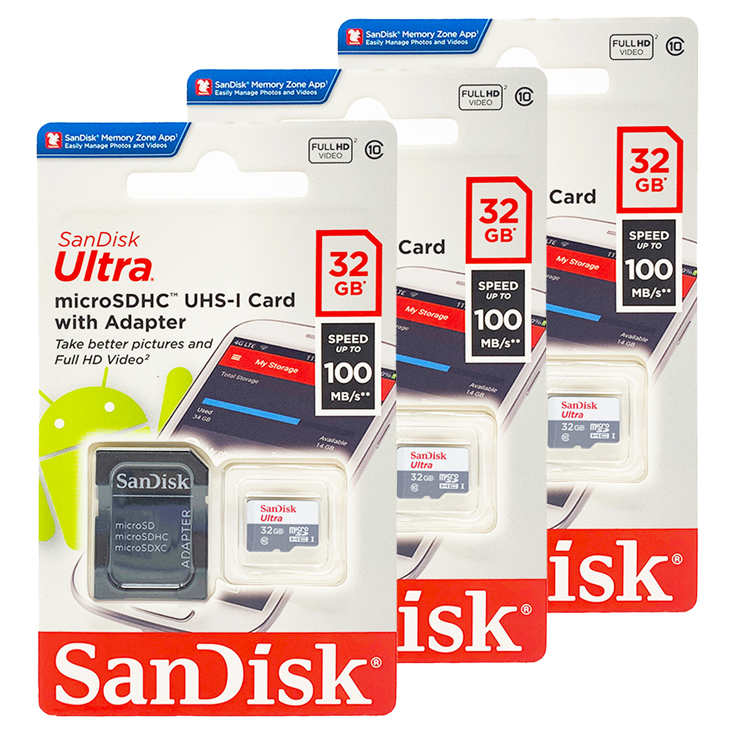 SanDisk Ultra Micro SD 32GB UHS-I Class 10  Card With Adapter 100Mb/s Pack of 3