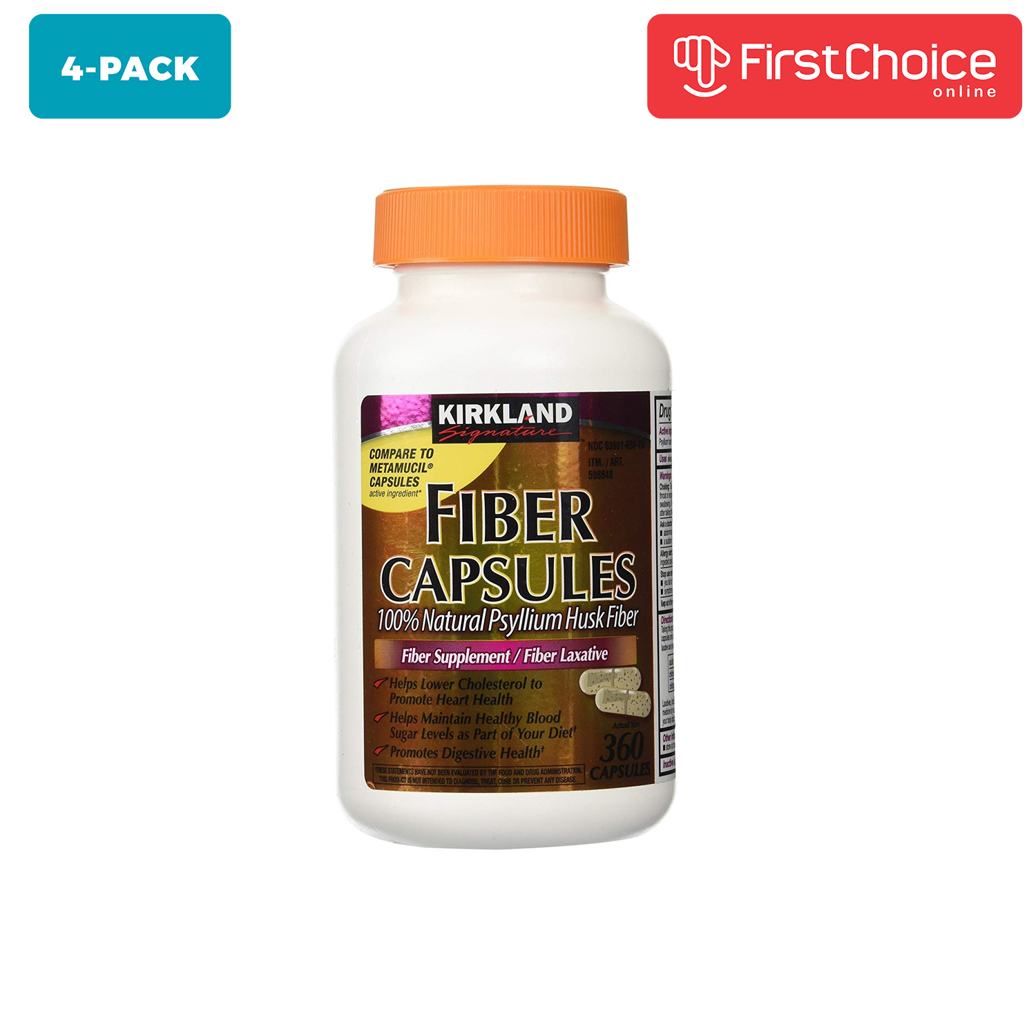 Kirkland Signature Fiber Capsules 100 Psyllium Husk, 360 Capsules, Pack 4