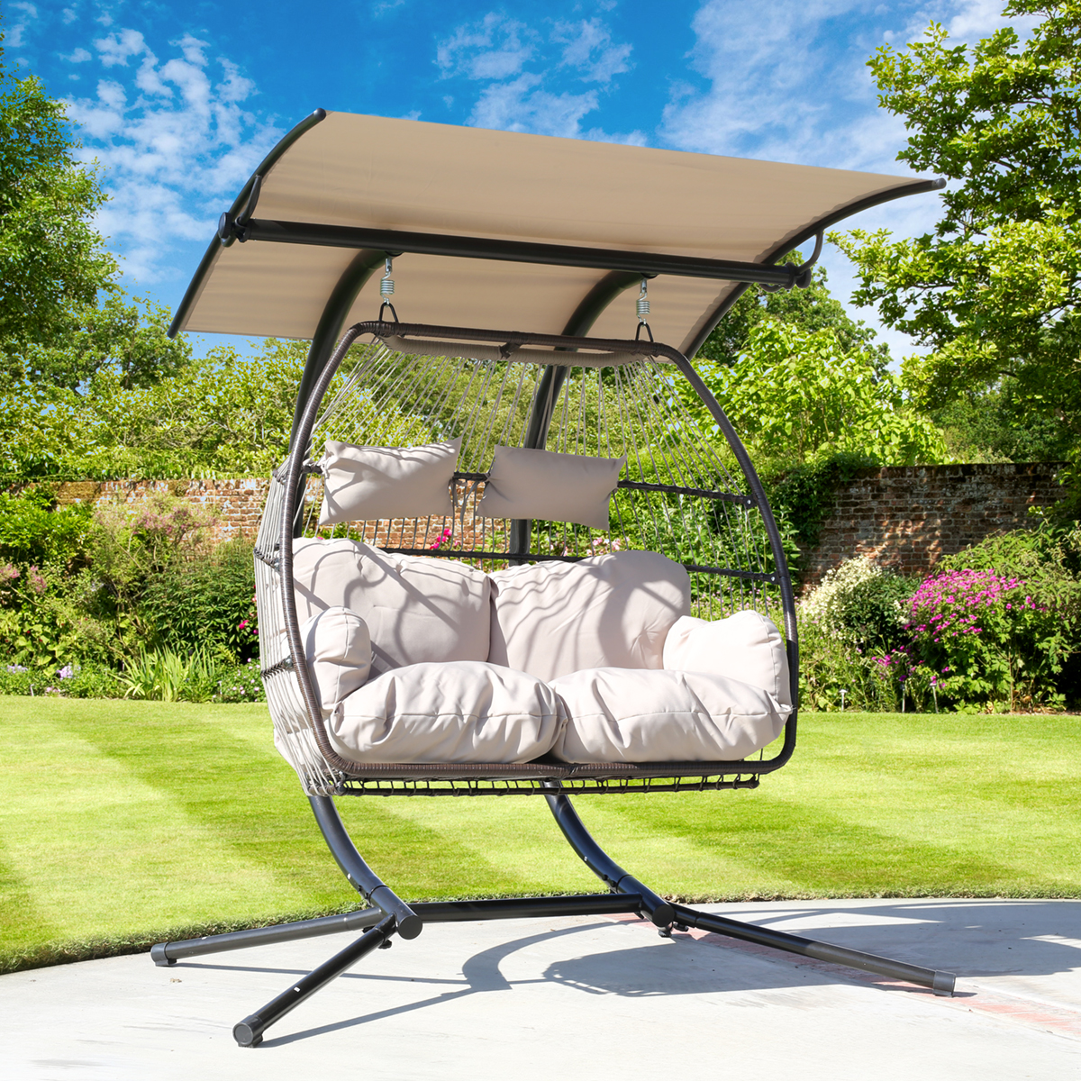 Foldable Wicker Swing Egg Chair Hanging Chair Cushion Outdoor w/ Canopy