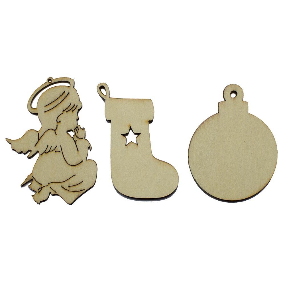 Set of 3 Wooden Angel, Stocking and Christmas Ball Ornament Cutouts