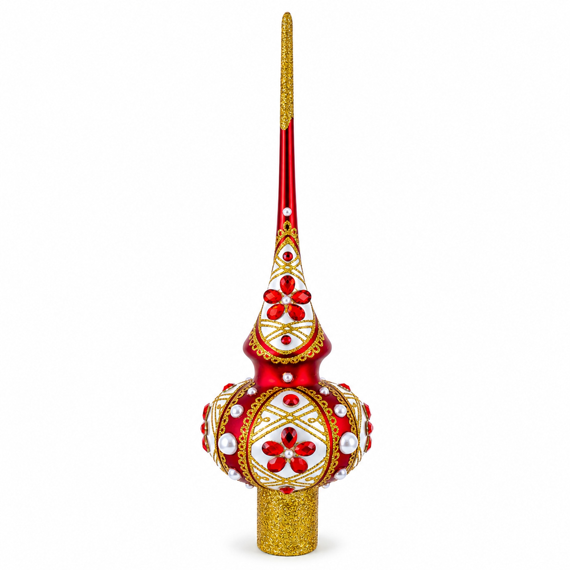 Red Jewels and White Pearls on Red Glass Christmas Tree Topper 11 Inches