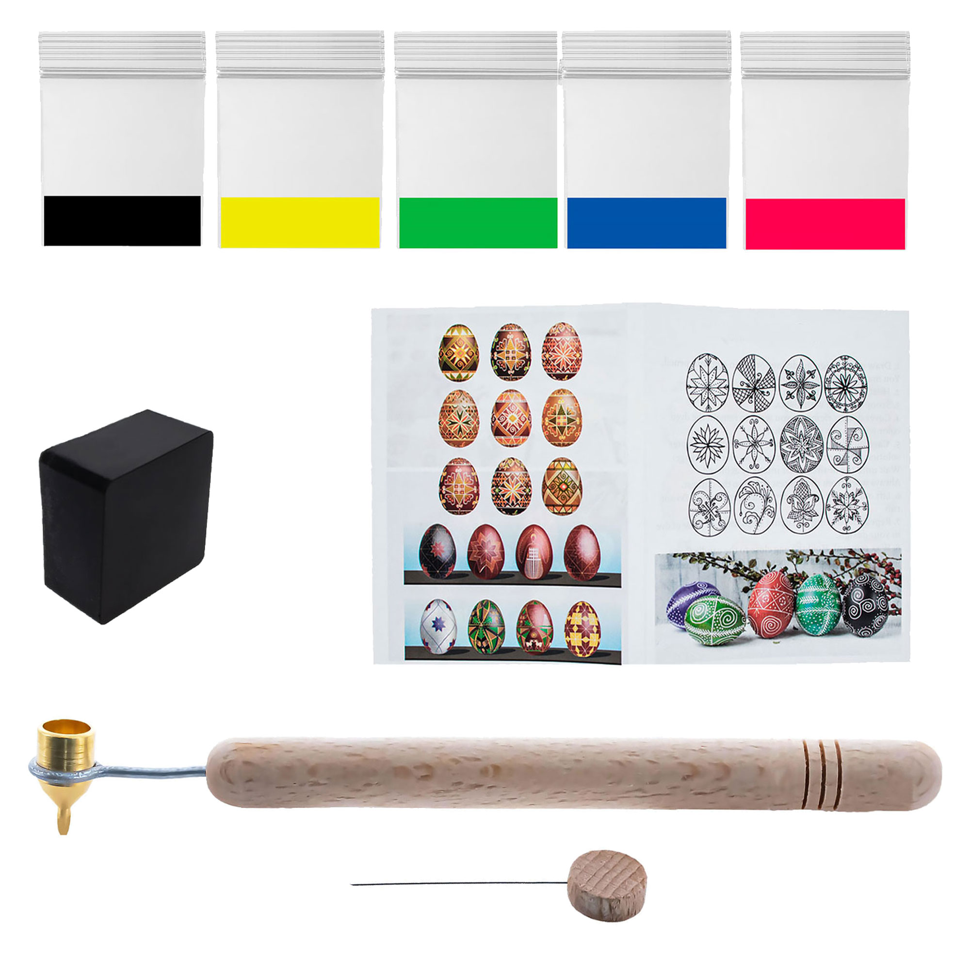 0.3 mm Fine Brass Tip Brass Kistka, Beeswax, 5 Dyes, Instructions Ukrainian Easter Egg Decorating Kit