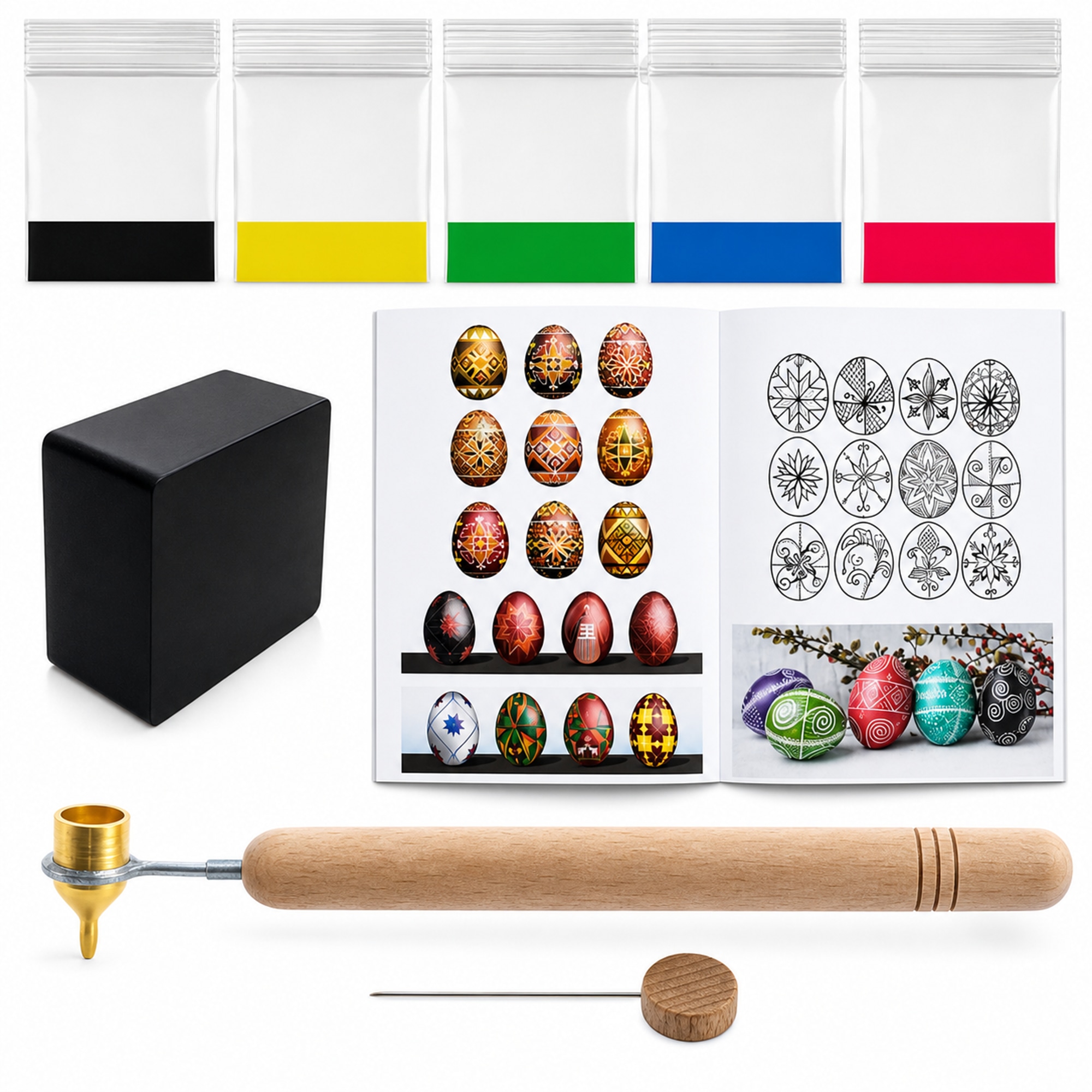 0.3 mm Fine Brass Tip Kistka, Beeswax, 5 Dyes, Instructions Ukrainian Easter Egg Decorating Kit
